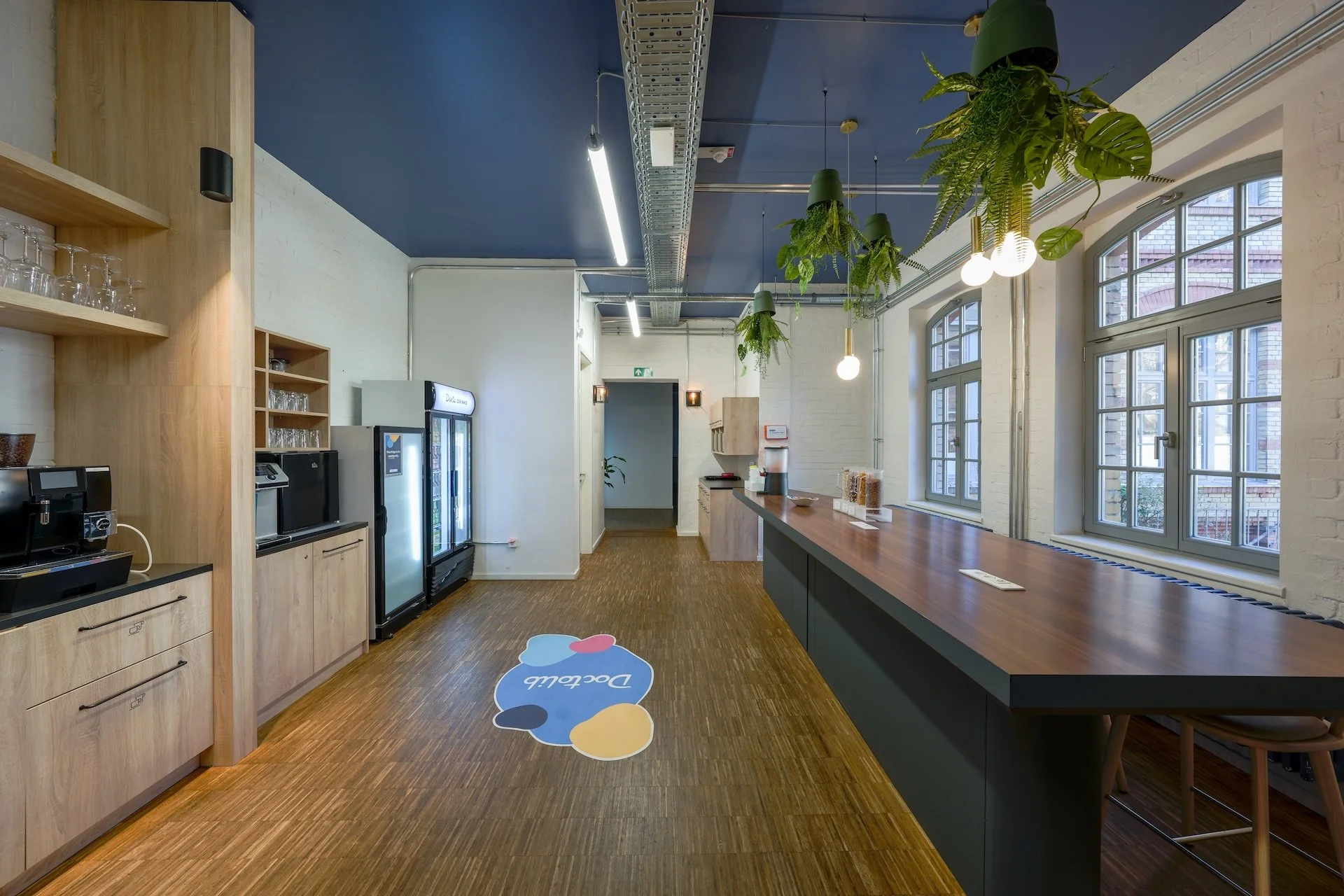 Modern coffee shop with wooden flooring, large windows, green hanging plants, and a long wooden counter.