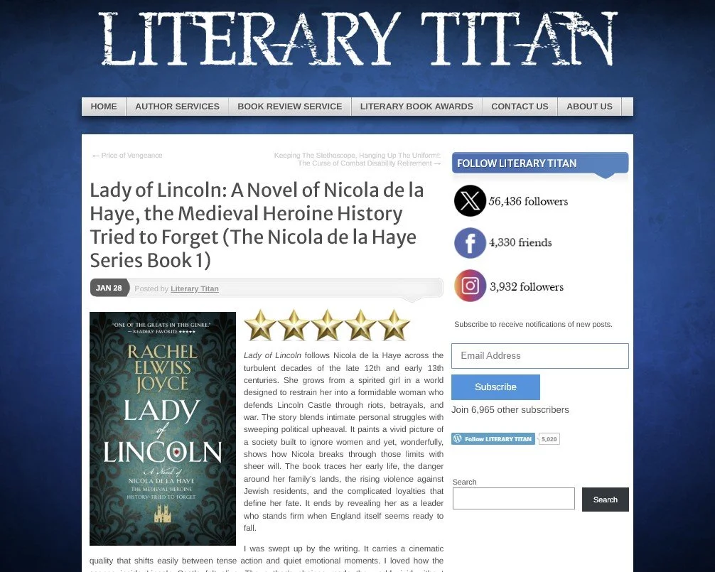 Literary Titan Gives LADY OF LINCOLN 5 Stars! ⭐⭐⭐⭐⭐