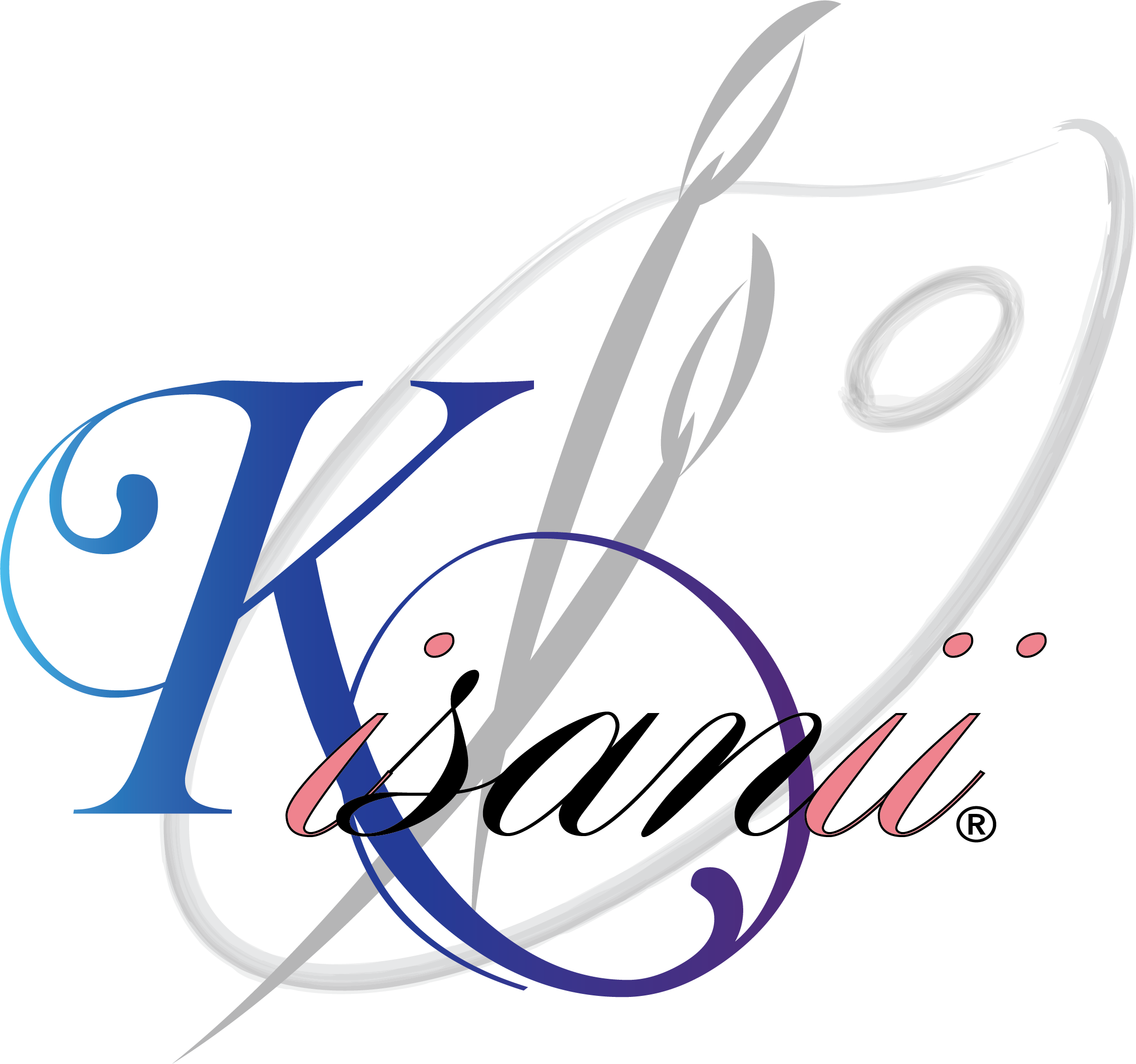 Stylized letters 'K Qui' with a calligraphy pen and feather design.