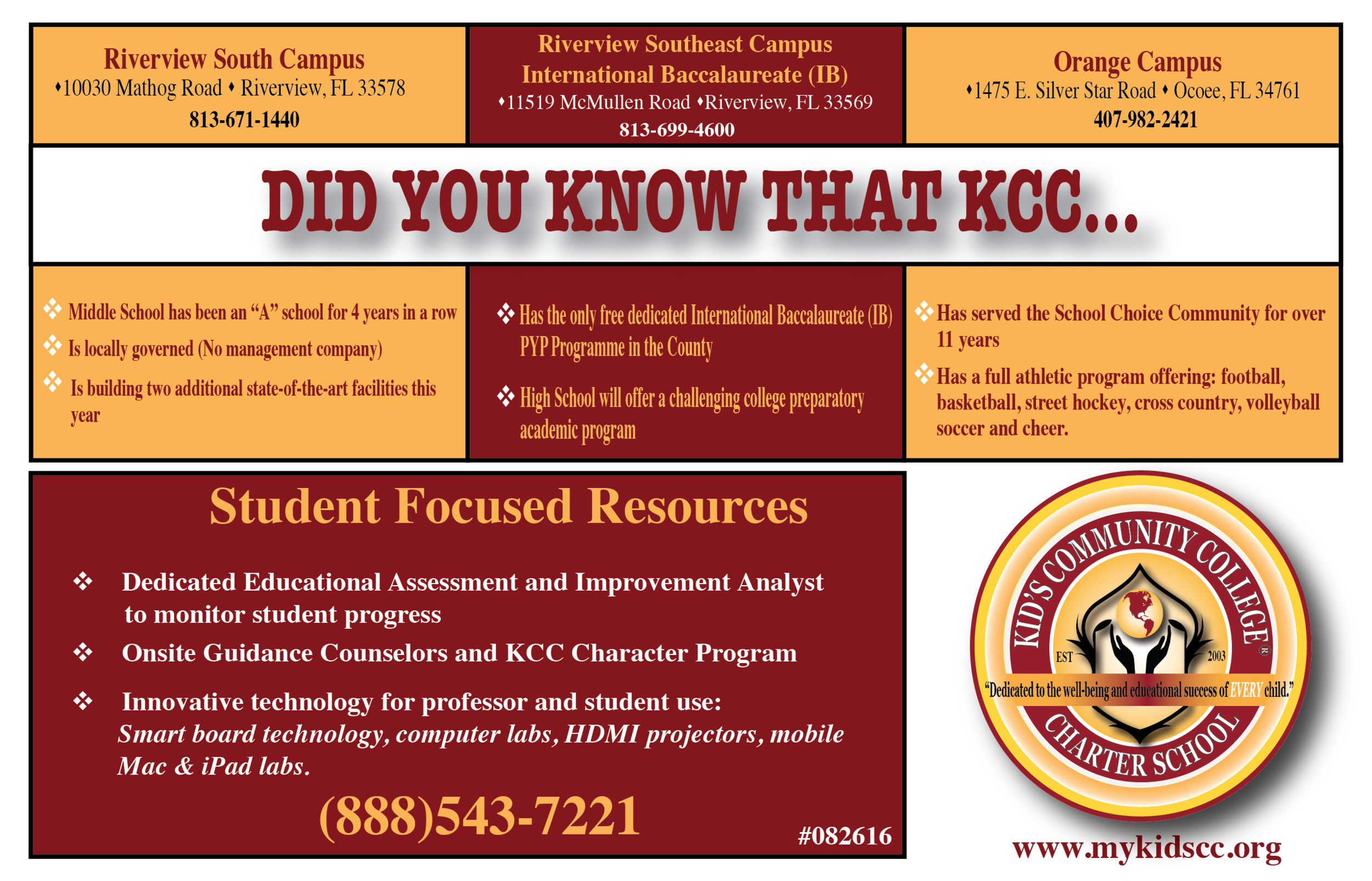 Promotional flyer for Kid's Community College Charter School, featuring information about their campuses, including Riverview South, Riverview Southeast (International Baccalaureate), and Orange Campus. Highlights include an "A" rated middle school,