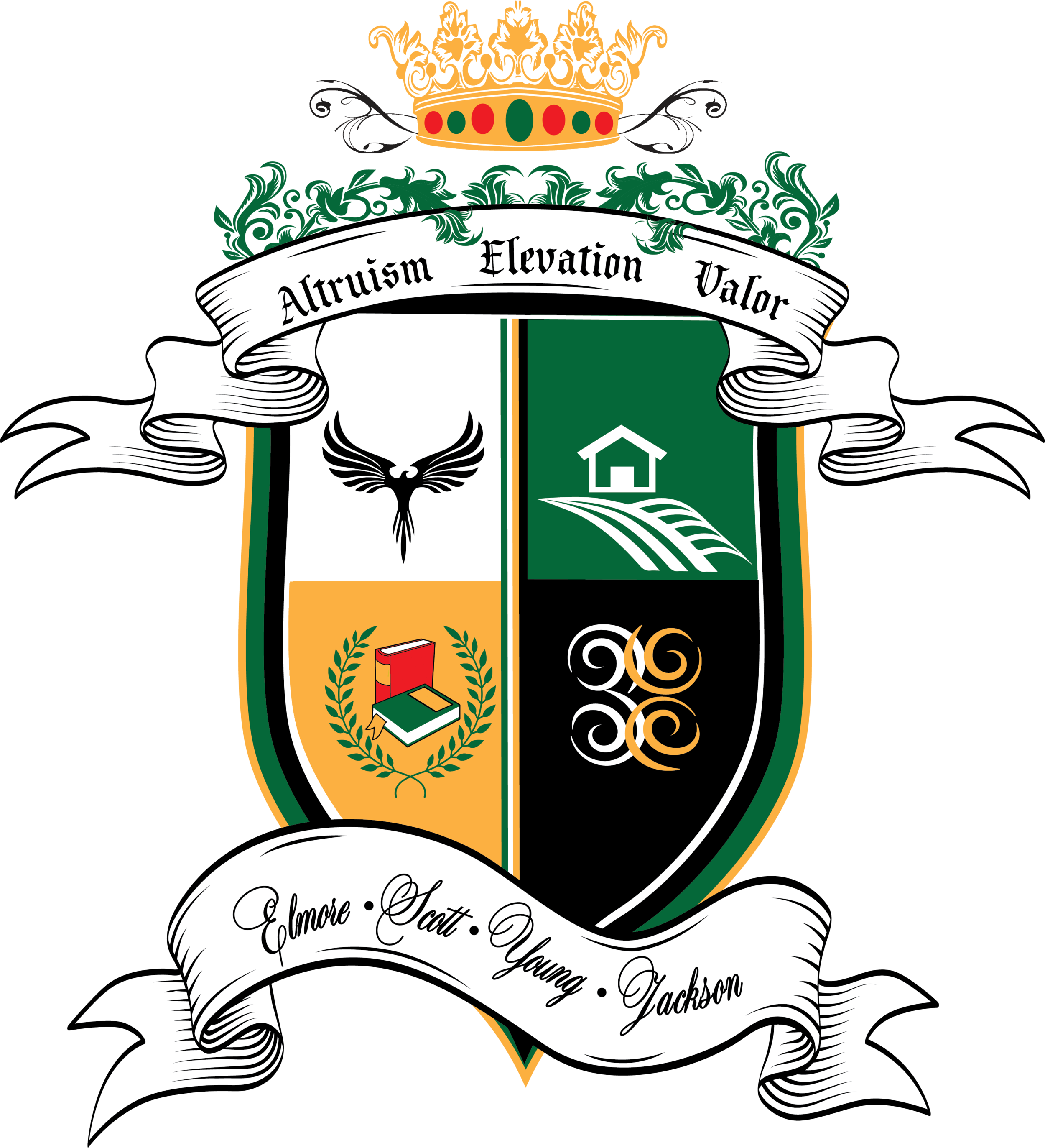 Coat of arms with crown, scroll banner reading "Altruism Elevation Valor," and symbols of a bird, house, books, and abstract design.