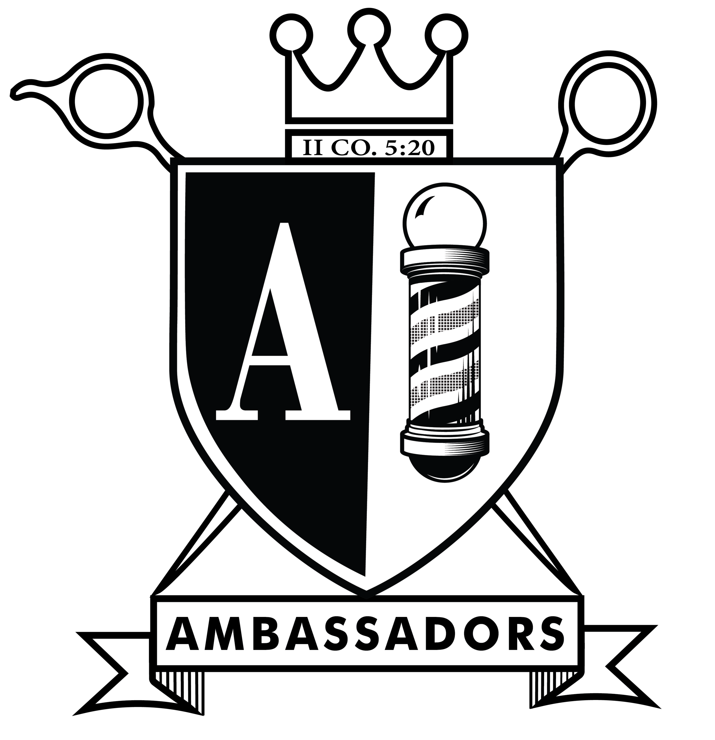 Black and white logo featuring a shield with a letter "A" on the left and a barber pole on the right, a crown above, and the word "Ambassadors" on a banner below.