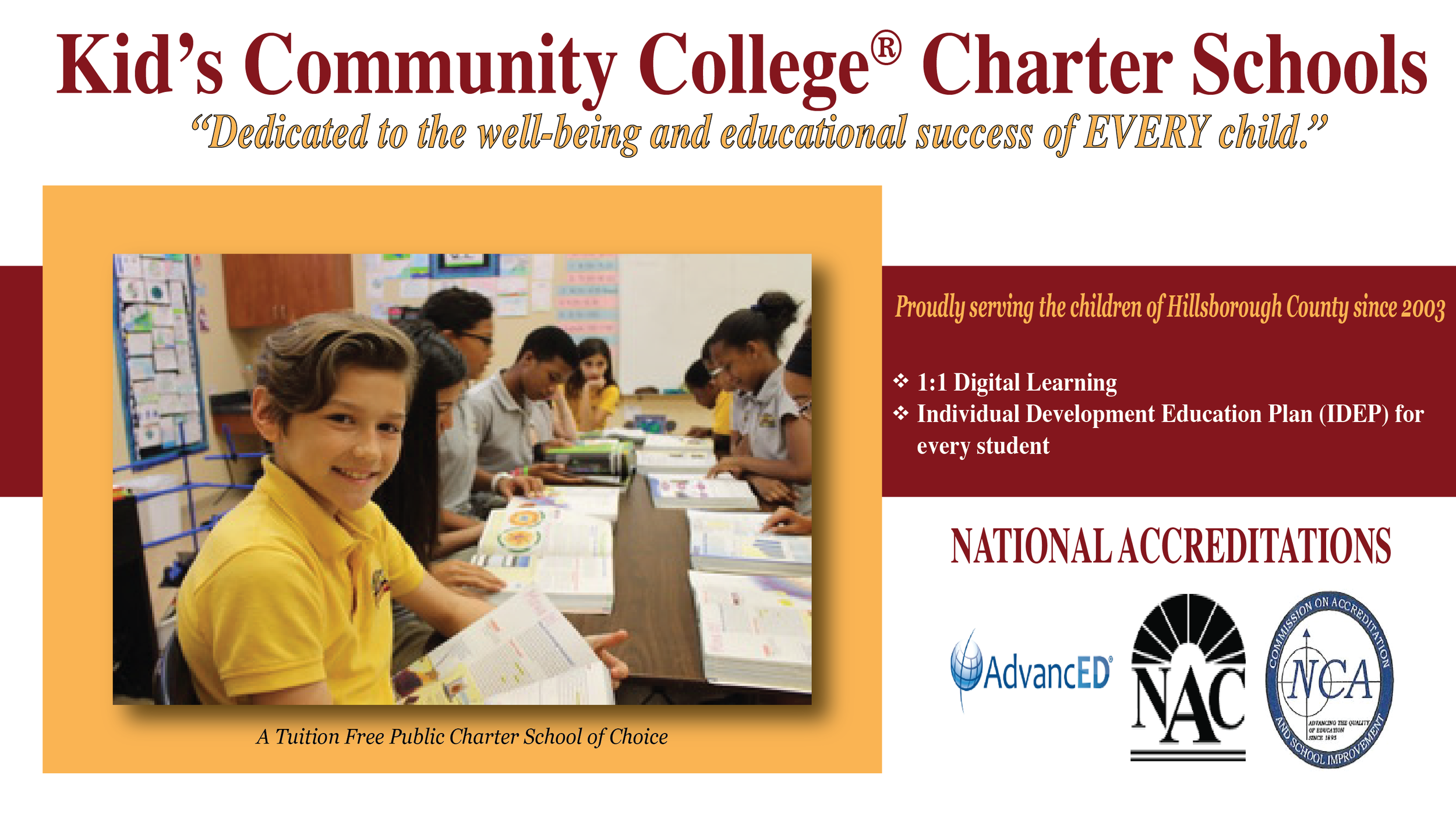 Flyer for Kid’s Community College Charter Schools featuring a group of students studying at a table, highlighting digital learning and individual development plans, with national accreditations logos.