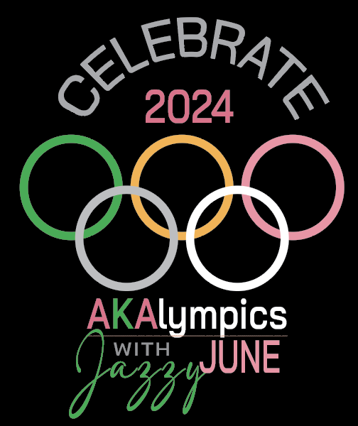 Graphic with the text "Celebrate 2024 AKAlympics with Jazzy June" and intertwined rings. The rings are colored pink, yellow, green, black, and white, arranged to resemble the Olympic symbol.