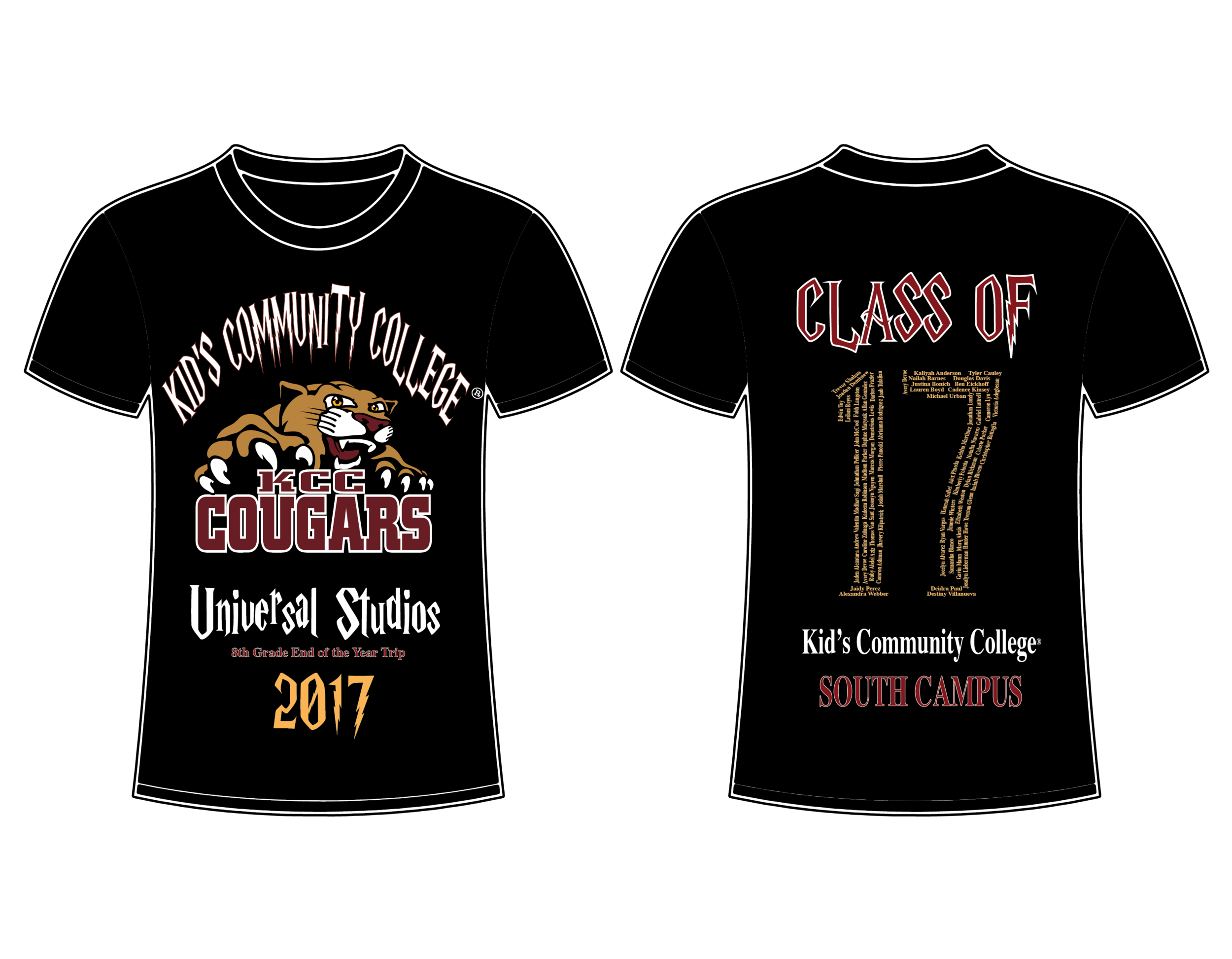 Black t-shirt with "Kid's Community College" slogan and cougar mascot on front. "Universal Studios, 8th Grade End of Year Trip 2017" text below. Back reads "Class of 17" with student names forming the numbers, and "South Campus."