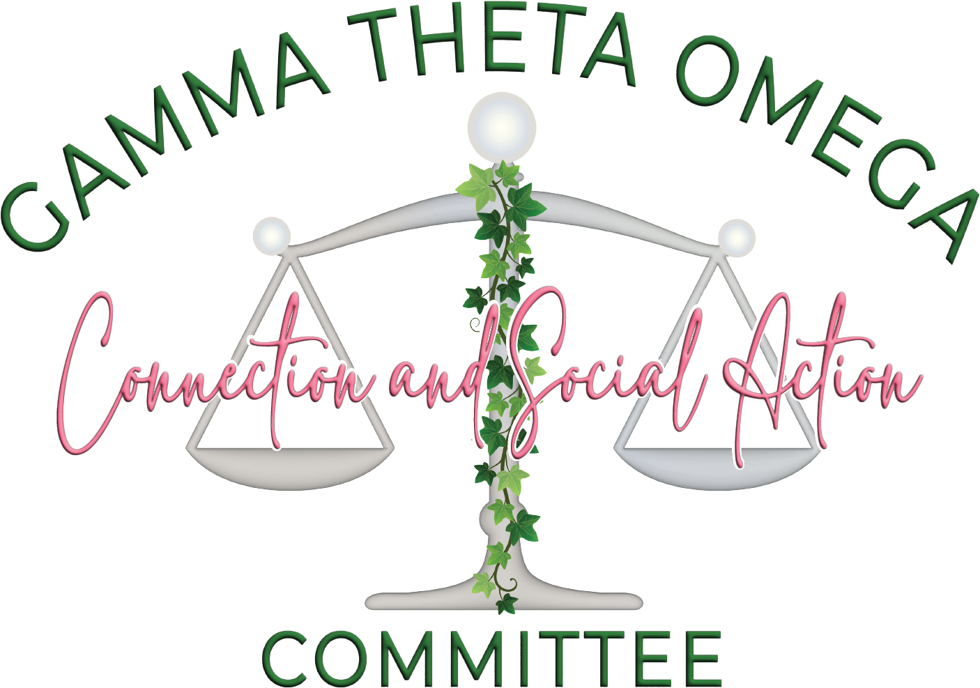 Logo featuring the text "Gamma Theta Omega Committee" with a central design of balanced scales entwined with ivy, and the words "Connection and Social Action" across the scales.