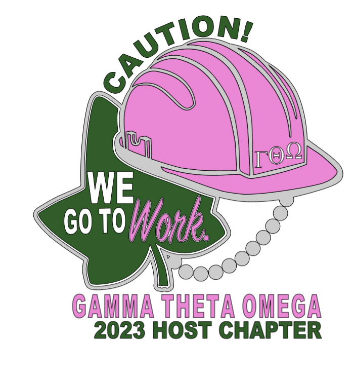 Illustration with a pink hard hat on top of green ivy leaves with text "Caution! We Go to Work." Below, it reads "Gamma Theta Omega 2023 Host Chapter."
