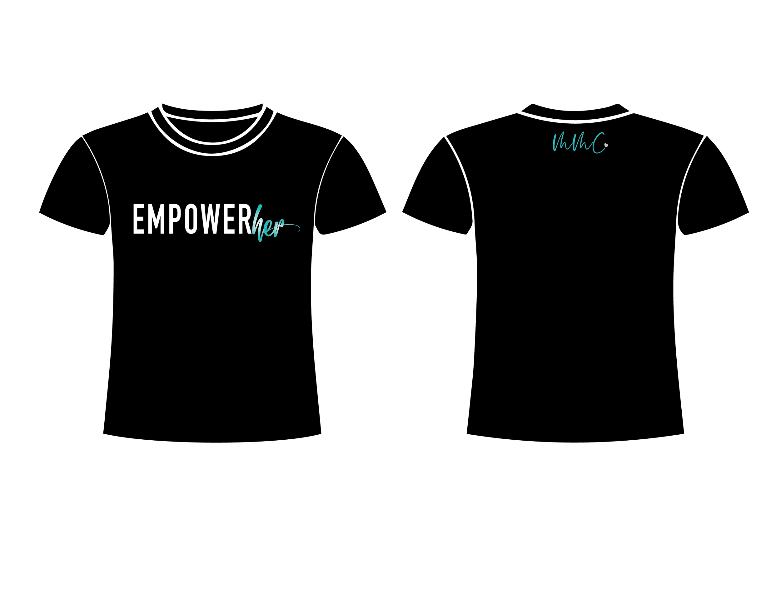 Black T-shirt with 'EMPOWERher' text on front and script initials on back.