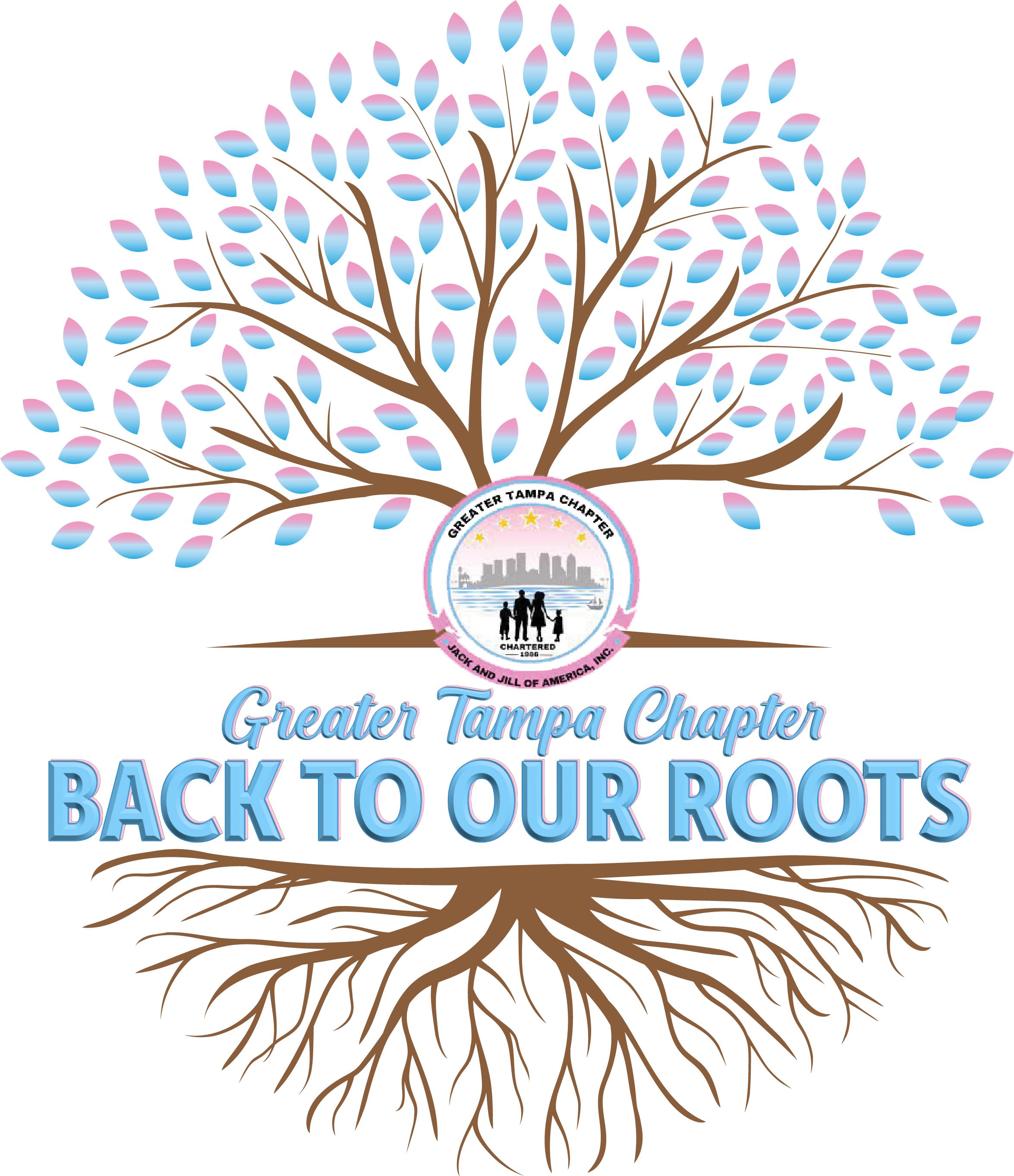 Graphic of a tree with blue and pink leaves, featuring the Greater Tampa Chapter logo at the center. Text reads "Greater Tampa Chapter Back to Our Roots." Roots extend below.