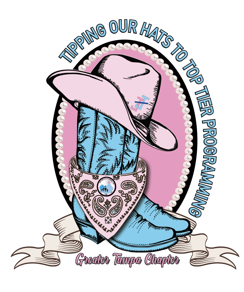 Illustration of a pink cowboy hat on a blue boot with a paisley scarf. Text reads 'Tipping Our Hats to Top Tier Programming' and 'Greater Tampa Chapter.' Background has a pink and pearl design.