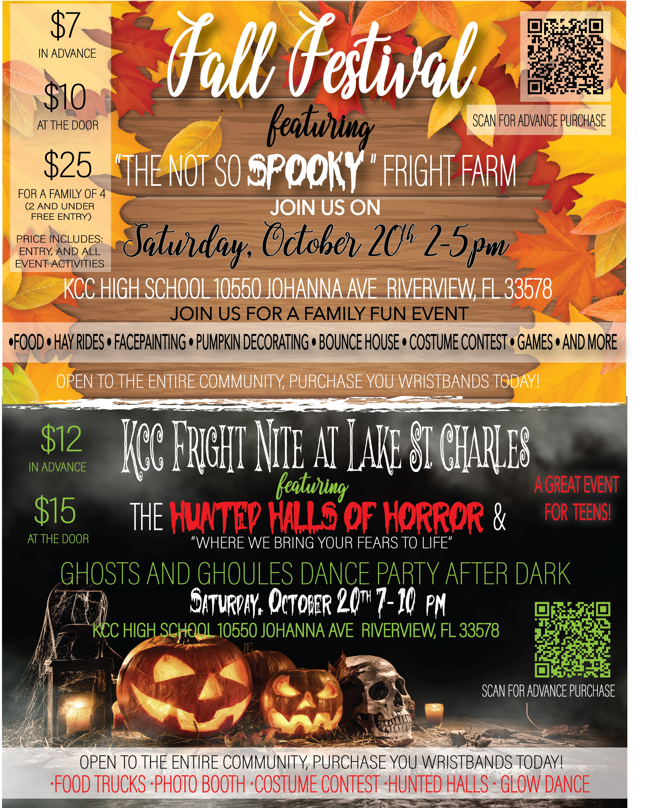 Flyer for KCC Fall Festival and Fright Nite events on October 20th at KCC High School in Riverview, FL, featuring activities like a "Not So Spooky" Fright Farm from 2-5 PM, and the "Hunted Halls of Horror" from 7-10 PM, including hay rides, dance par