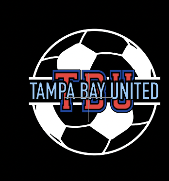 Tampa Bay United logo featuring a soccer ball with the text "TBU" in red and "Tampa Bay United" in blue across it. The background is black.