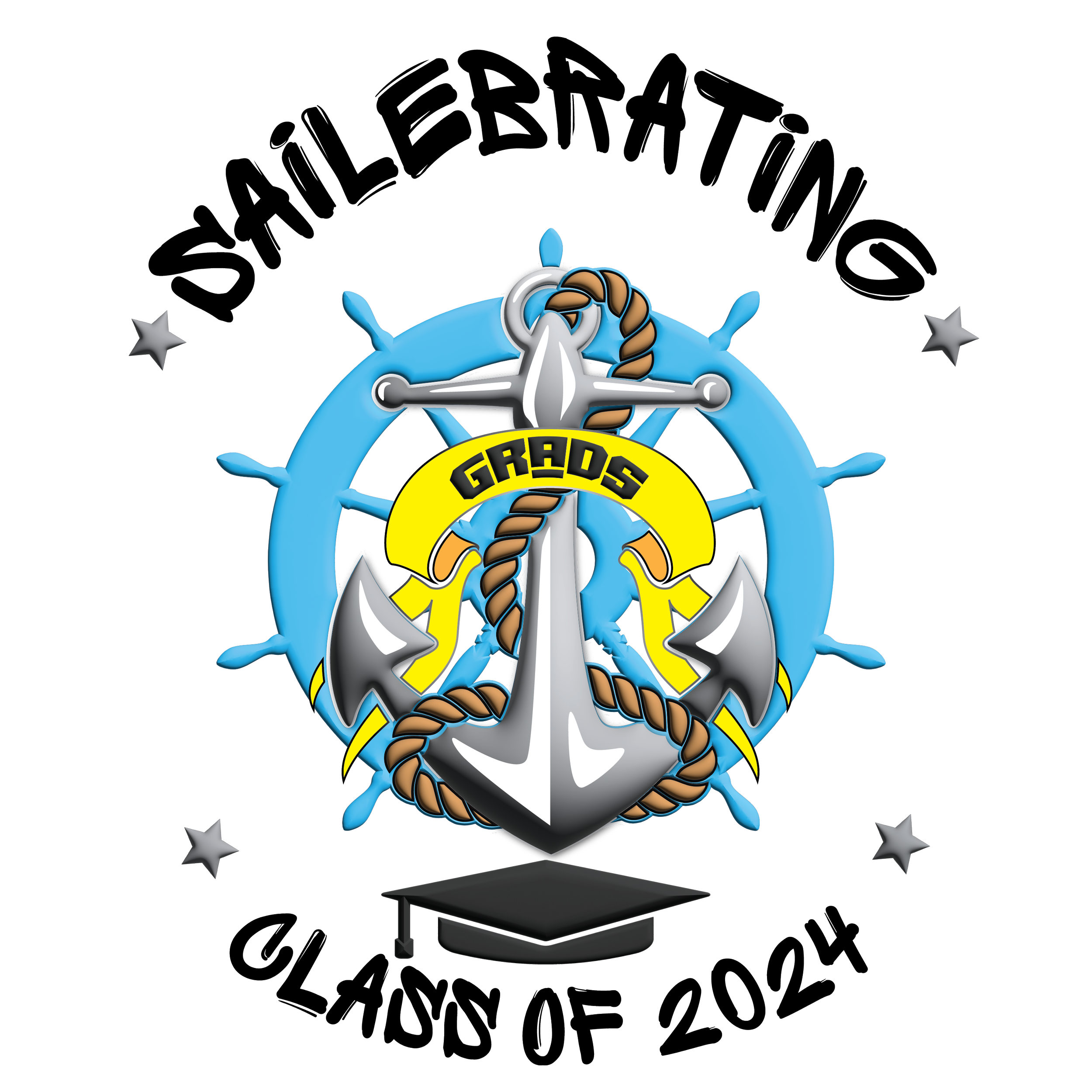 Graphic of an anchor wrapped with a rope, featuring a ship's wheel in the background, "GRADS" on a yellow ribbon, "SAILEBRATING" at the top and "CLASS OF 2024" with a graduation cap at the bottom.