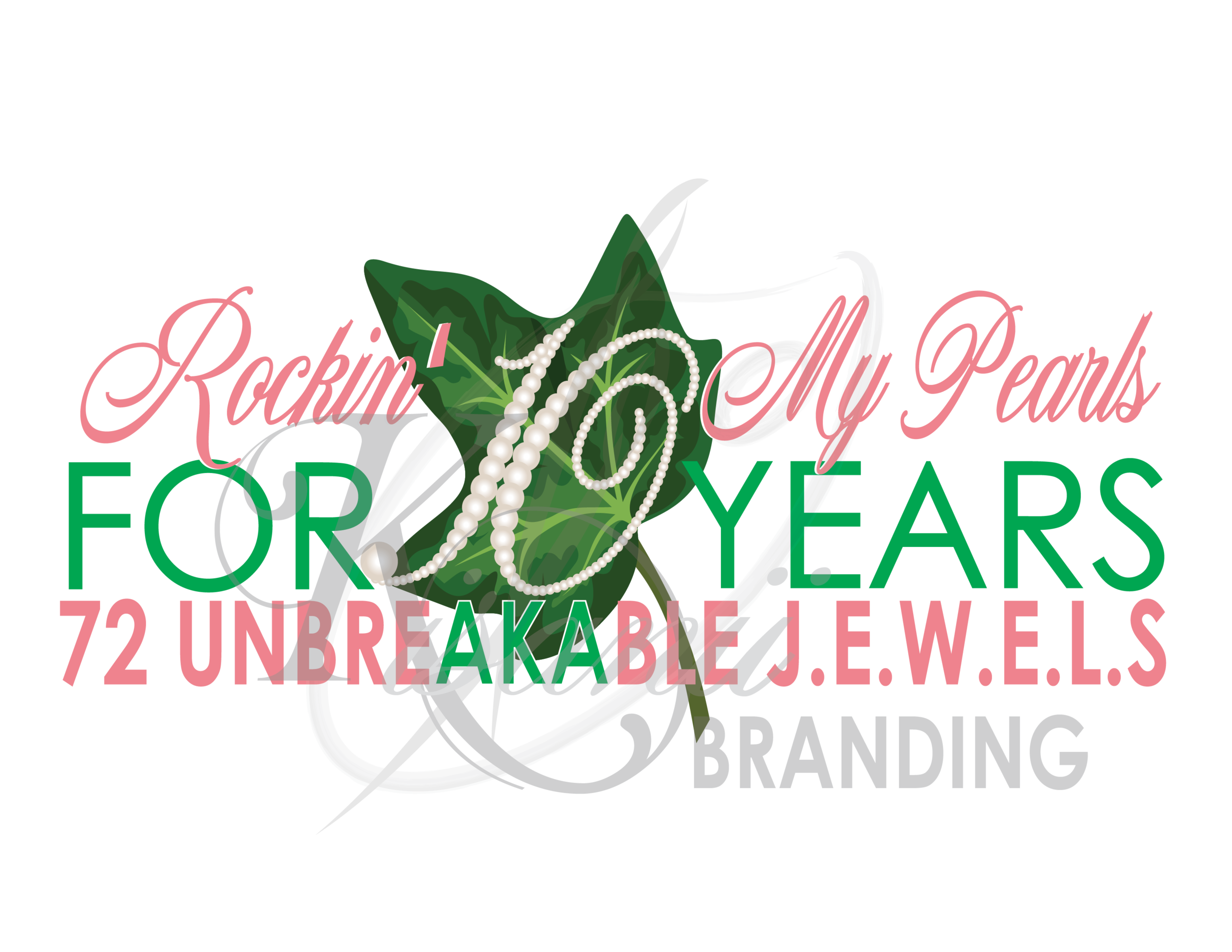 Celebratory graphic with text 'Rockin' My Pearls for 10 Years, 72 Unbreakable Jewels, Branding' featuring pearls and a green leaf design.