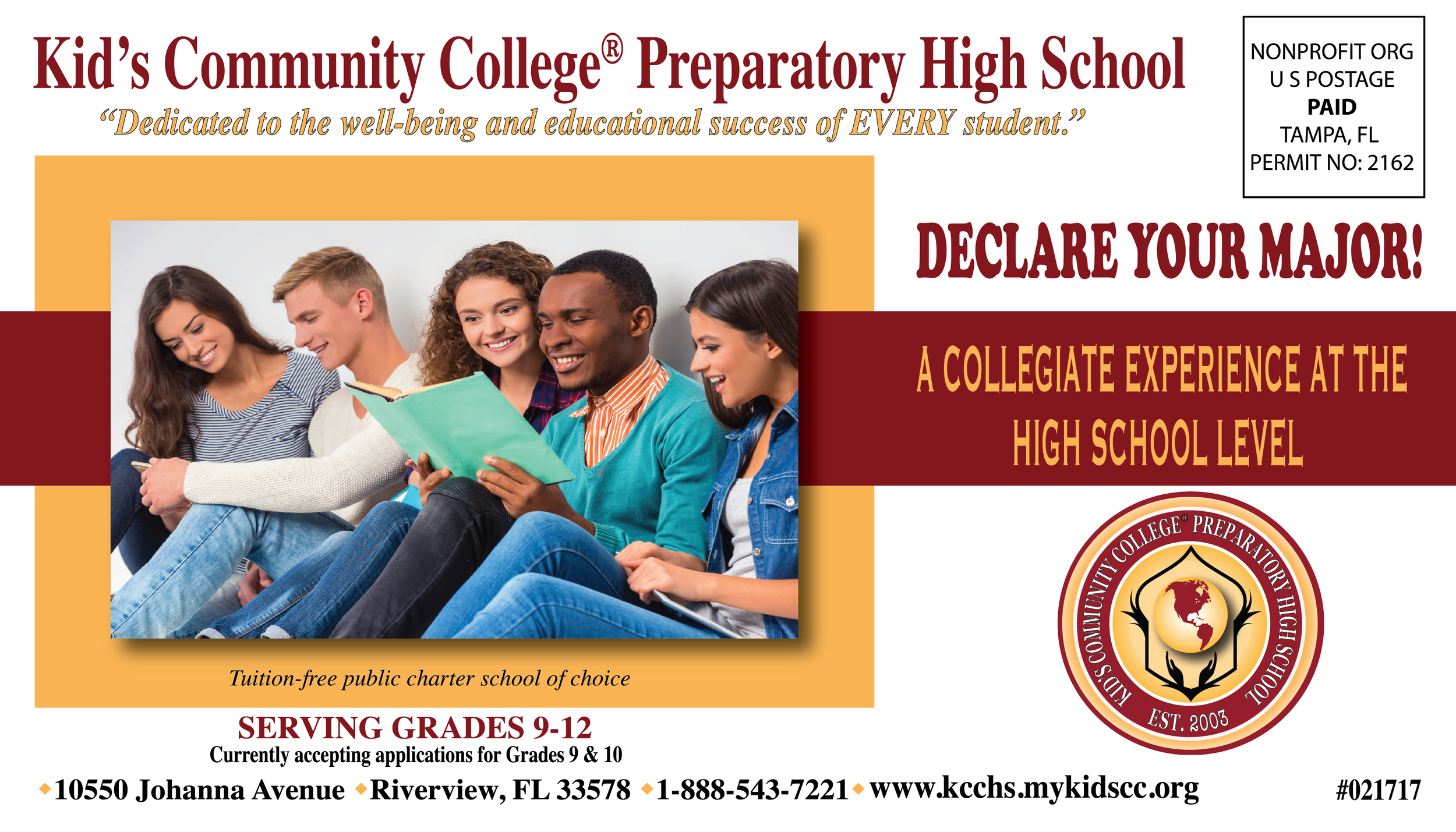Promotional flyer for Kid’s Community College Preparatory High School. It features a group of four diverse students reading together, with text highlighting a "collegiate experience at the high school level," dedicated to student well-being and succe