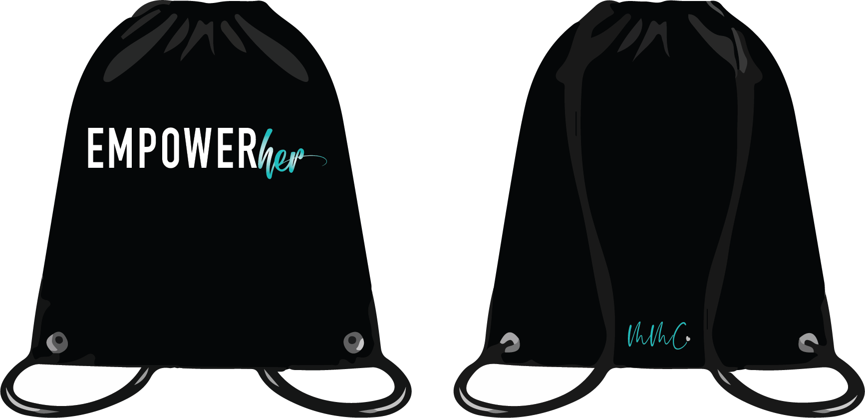 Two black drawstring bags, one with "Empower Her" text and the other with initials or logo in teal.