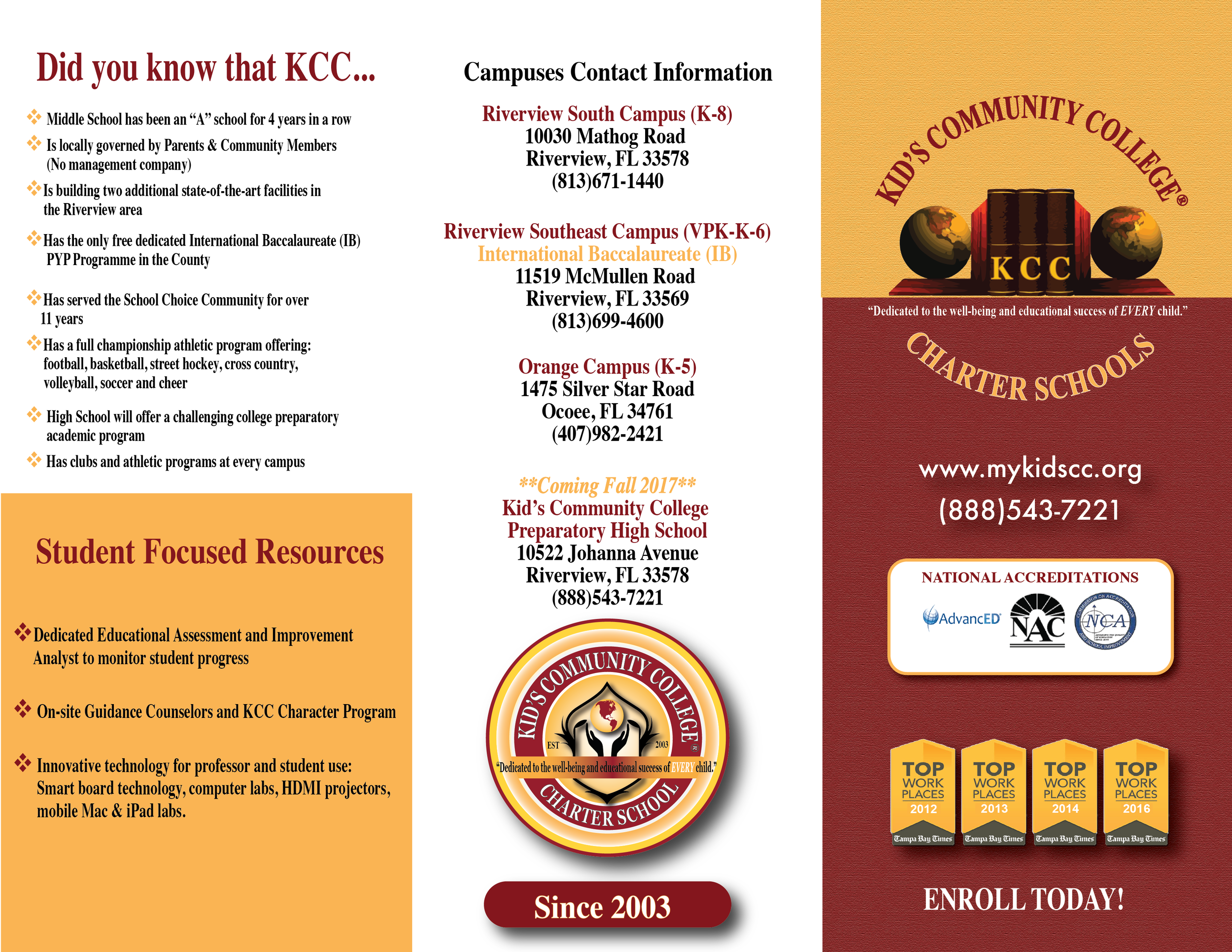 Brochure for Kid's Community College Charter Schools, featuring contact details for campuses in Riverview and Ocoee, Florida. Highlights include educational assessments, on-site guidance counselors, and technology resources. Accreditation logos and e