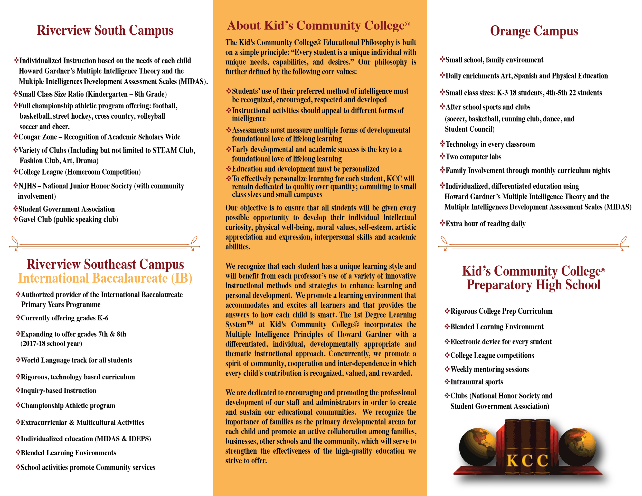 Informational brochure for Kid's Community College campuses, outlining programs and educational philosophy. Features details about Riverview South Campus, Riverview Southeast Campus International Baccalaureate (IB), Orange Campus, and Preparatory Hig