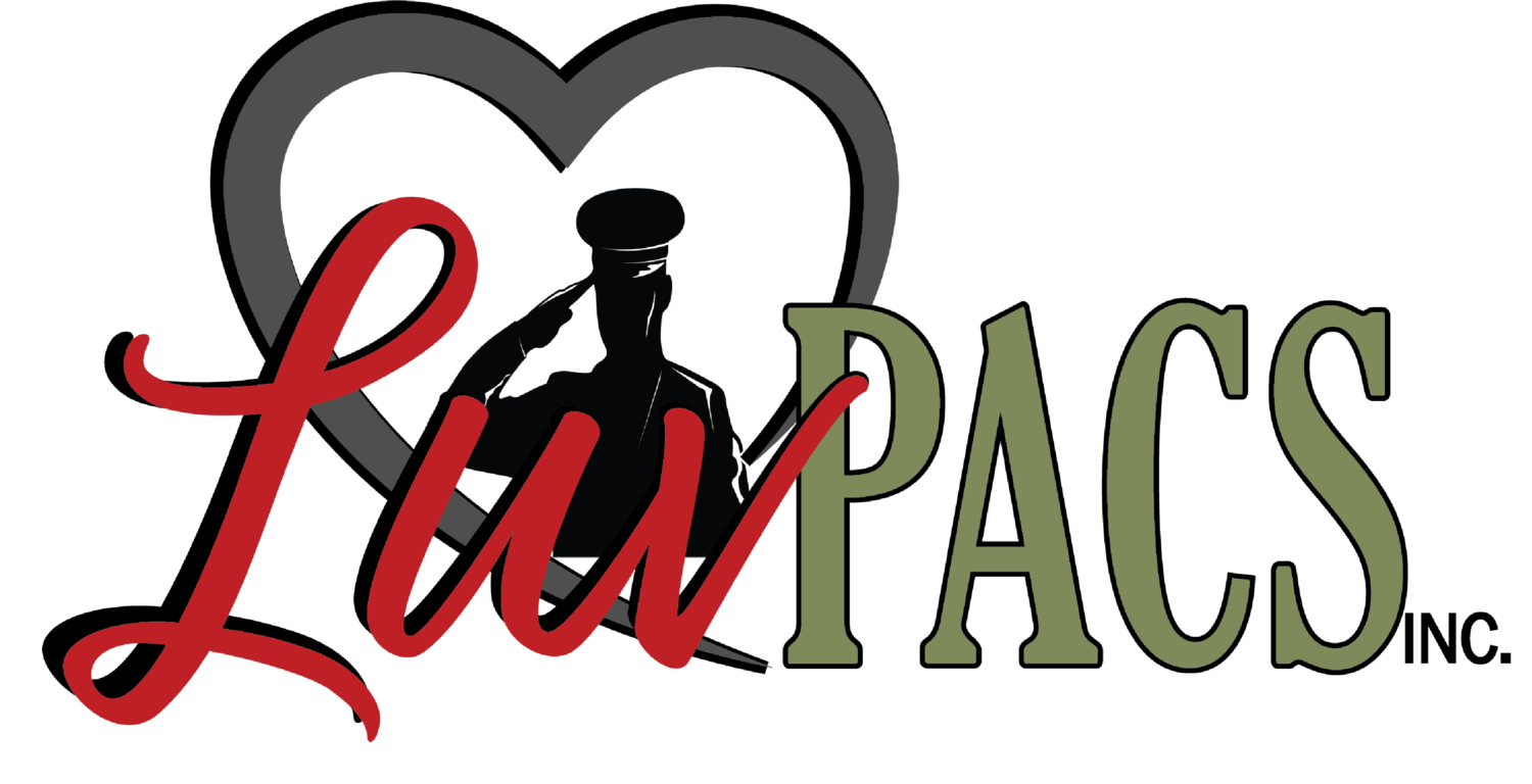 Logo with the words 'Luv PACS', featuring a black heart and silhouette of a soldier saluting.