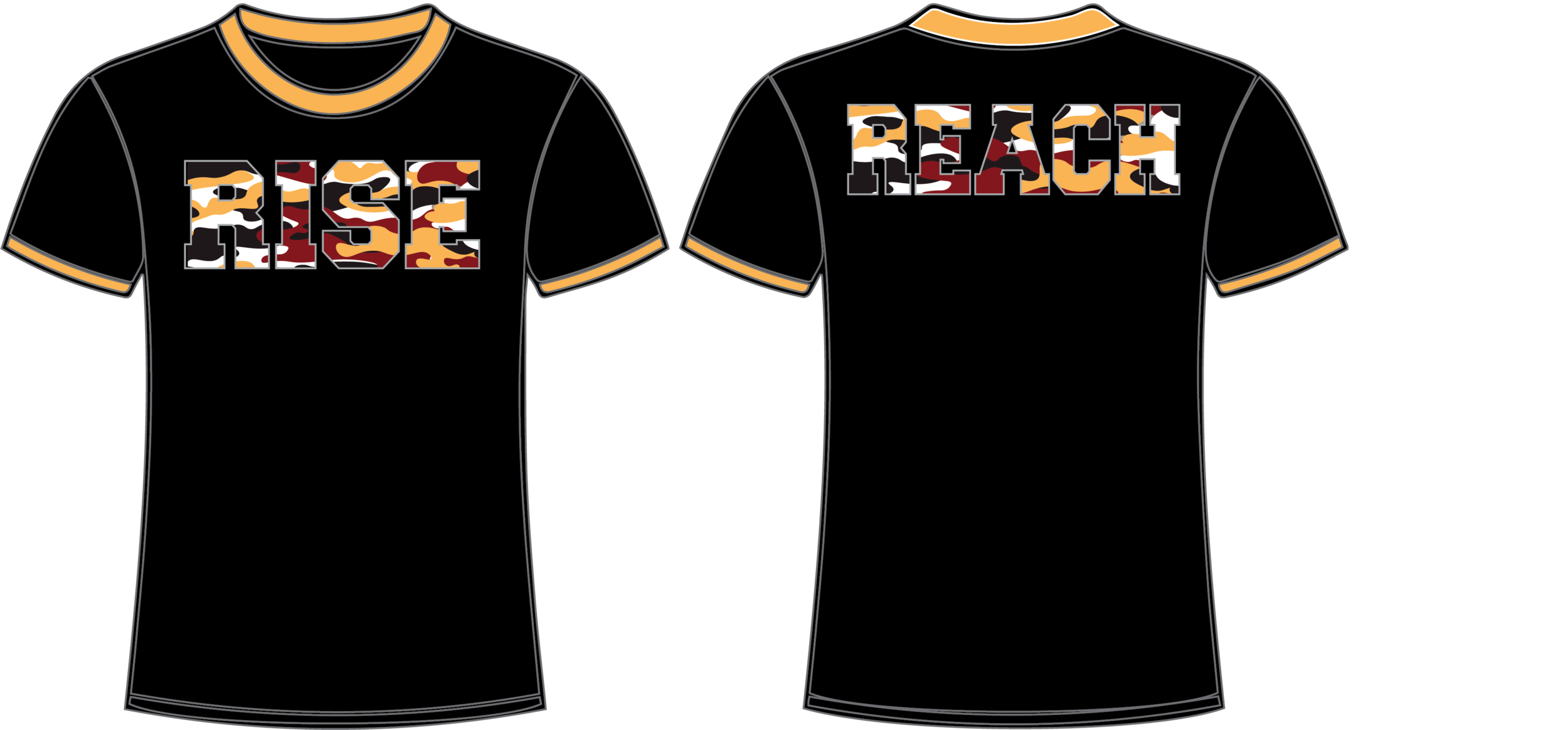 Black t-shirt with the word 'RISE' on the front and 'REACH' on the back, both in a camouflage pattern, with orange collar and sleeve trims.