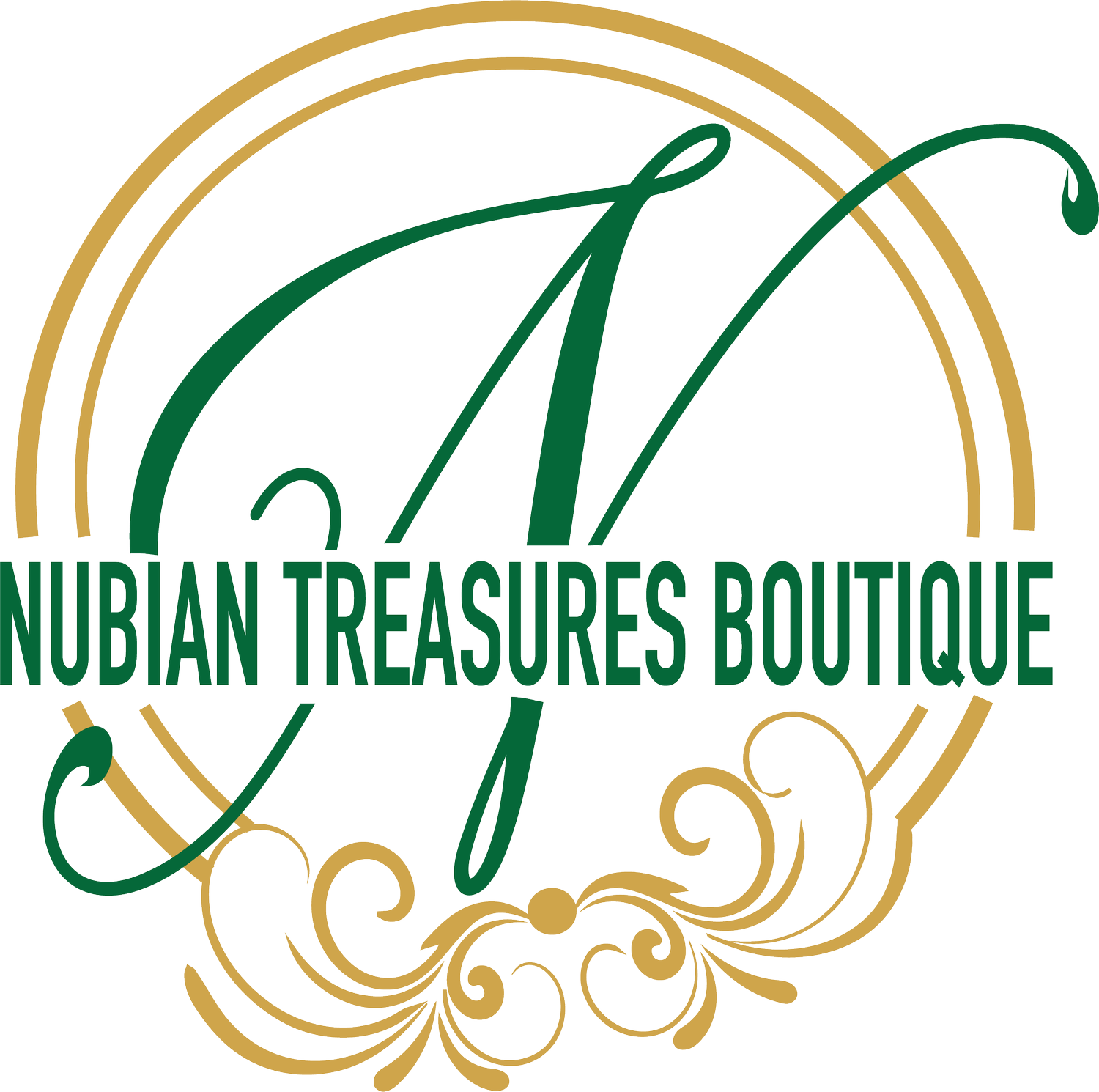 Logo for Nubian Treasures Boutique with decorative gold and green elements.