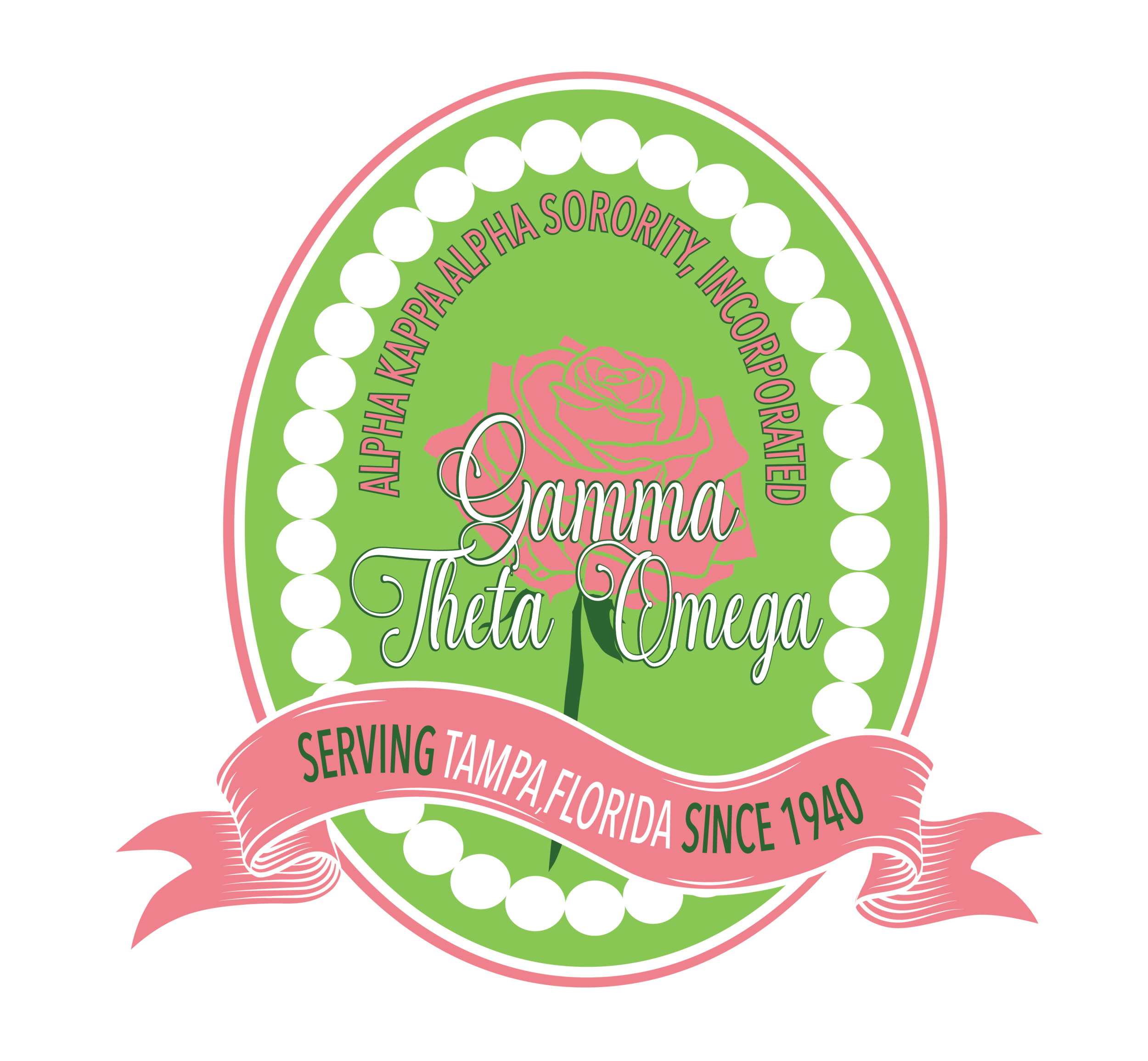 Alpha Kappa Alpha Sorority logo with "Gamma Theta Omega" text, featuring a pink rose and green background, with a ribbon stating "Serving Tampa, Florida Since 1940."