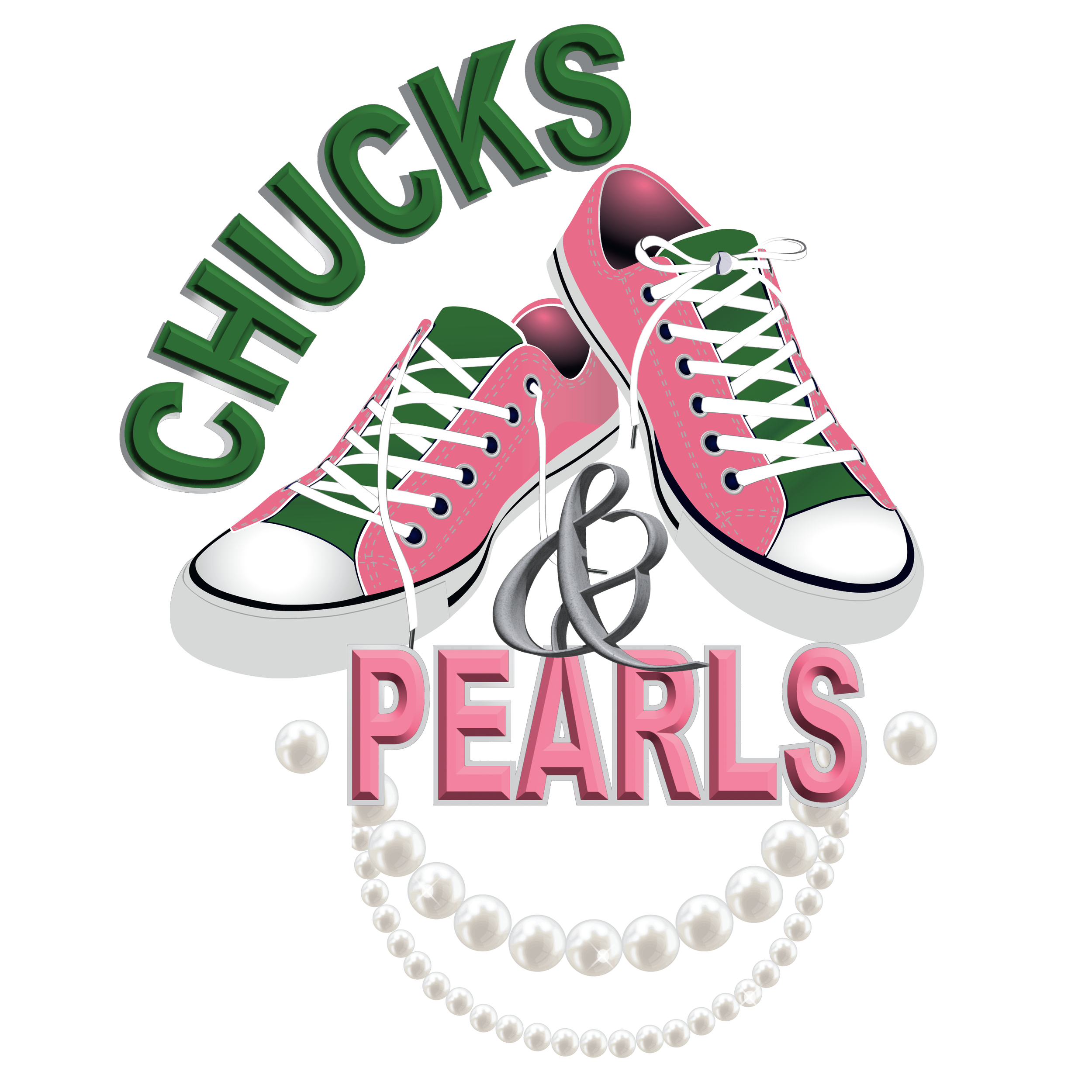 Illustration of pink and green Converse sneakers above the text 'Chucks & Pearls' with a pearl necklace underneath.