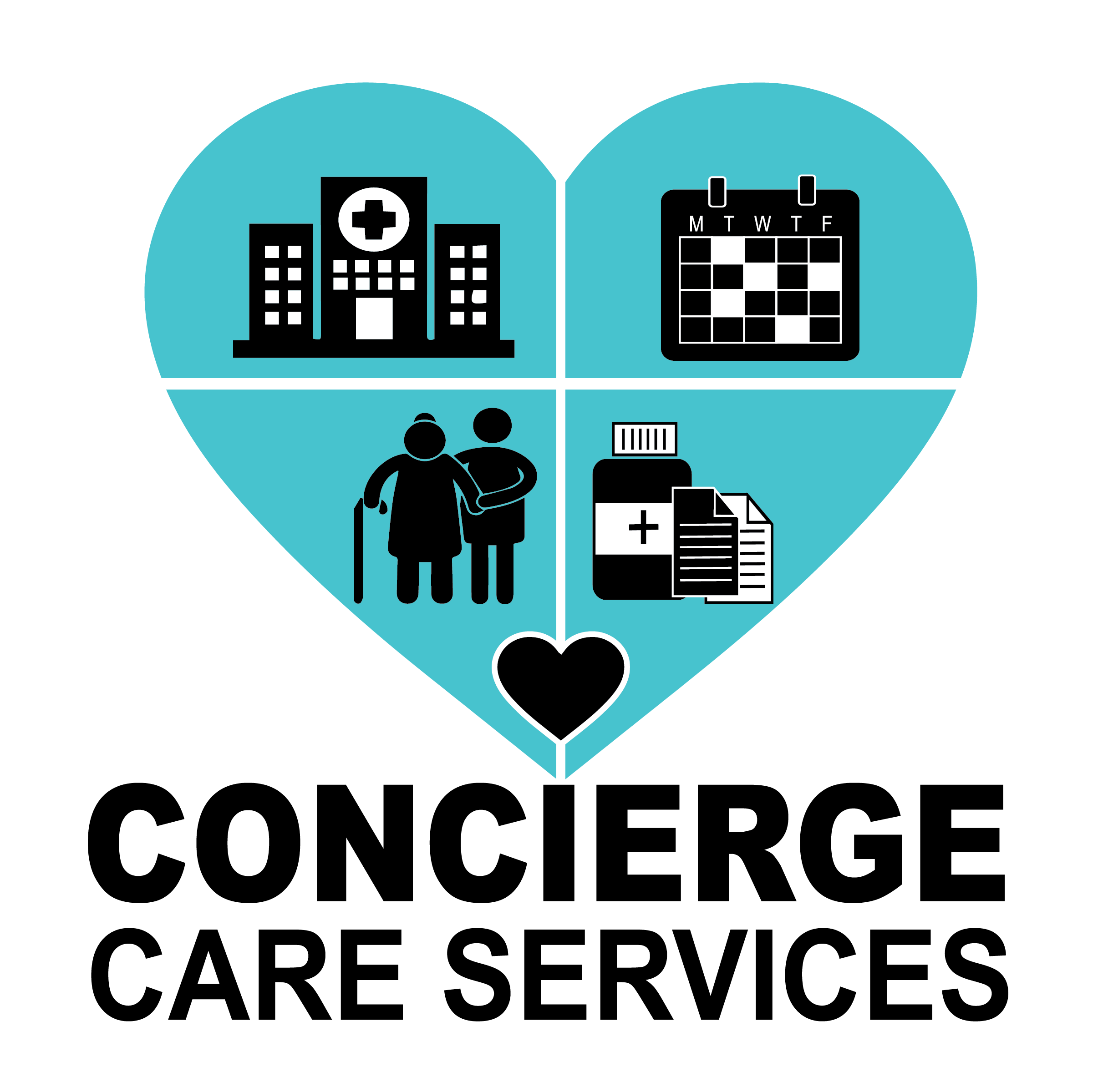 Blue heart shape with four healthcare-related icons: hospital building, calendar, elderly couple, and medication bottle with papers.