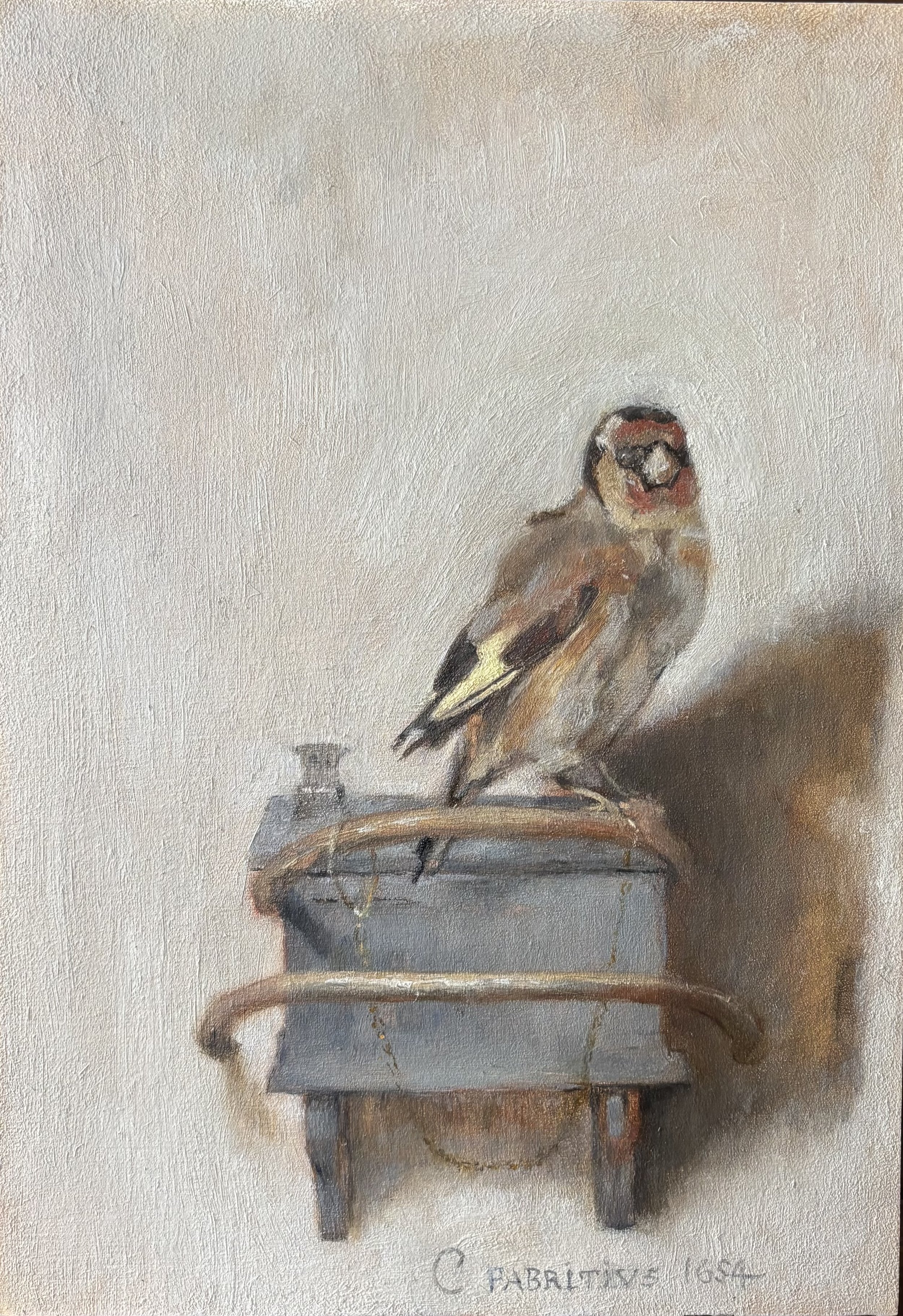 Master copy of Carel Fabritius' "the Goldfinch," oil on Baltic birch panel, 2026
 