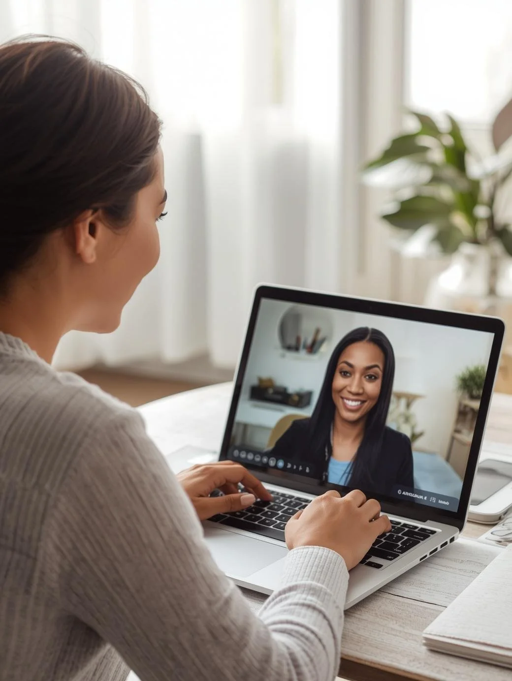 A person sits at a desk during a virtual therapy consultation, speaking with a smiling therapist on a laptop screen. The calm, sunlit space with a notebook, phone, and plant reflects the comfort and accessibility of online mental‑health support