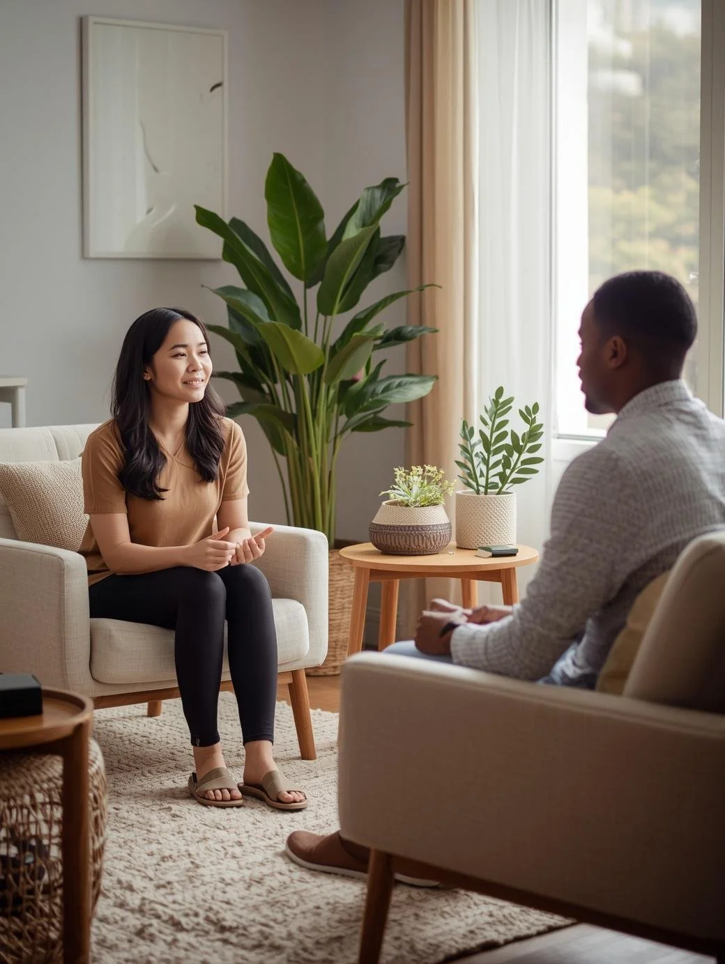 Two people sit in a bright, cozy therapy room, engaged in a calm supportive counselling conversation. In-person mental-health sessions.