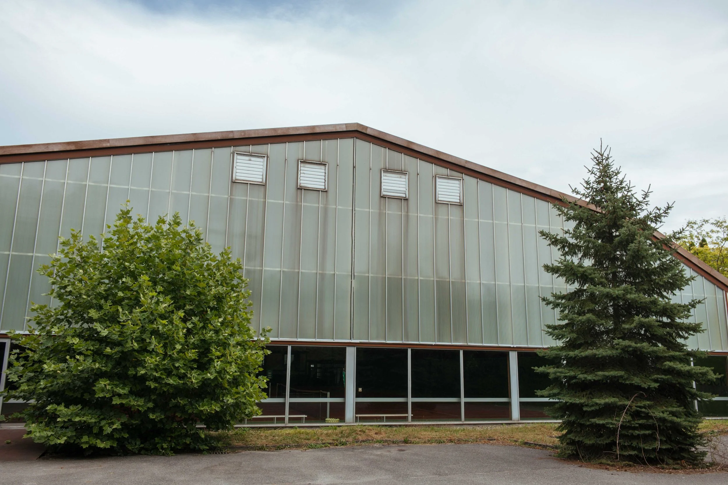 Ein modernes Gebäude mit großen Glasfenstern und einem schrägen Dach, umgeben von einem grünen Baum und einer Tanne.