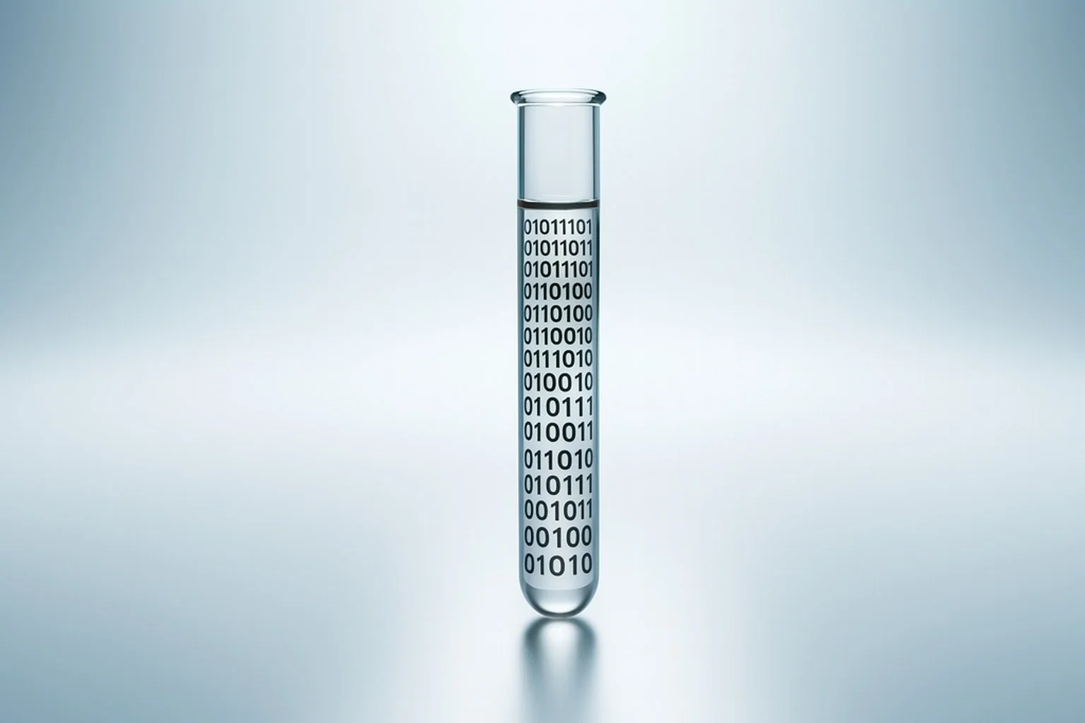 A laboratory test tube filled with a liquid, labeled with binary code, placed on a light background.