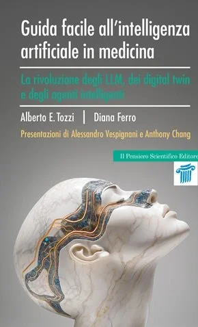 Cover of a medical book titled 'Guida facile all'intelligenza artificiale in medicina' with a diagram of a human head showing brain and neural pathways.
