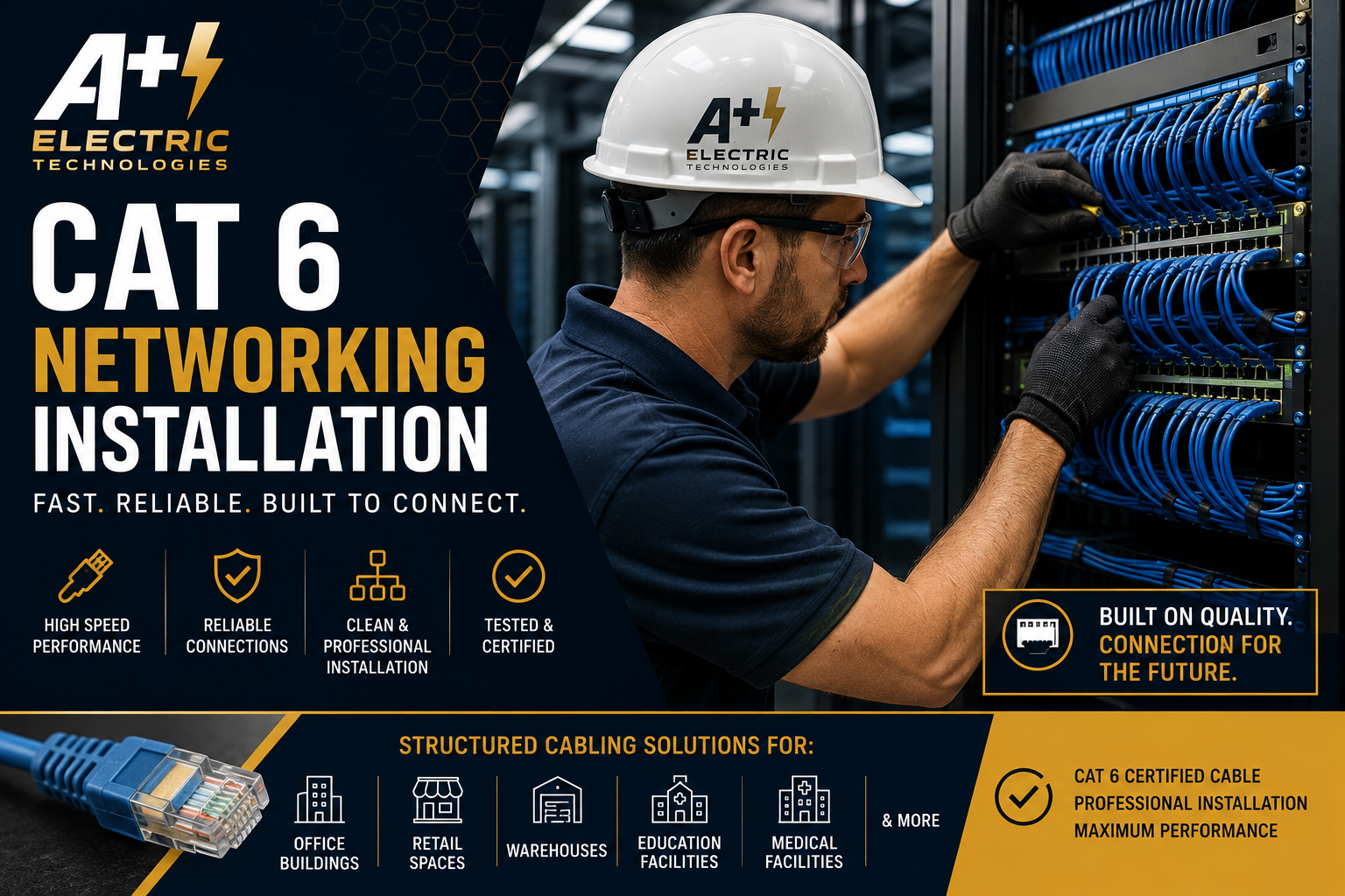 A man wearing a safety helmet and gloves working on a network cabling panel with blue cables, in a data center or server room, advertising CAT 6 networking installation services by A+ Electric Technologies.