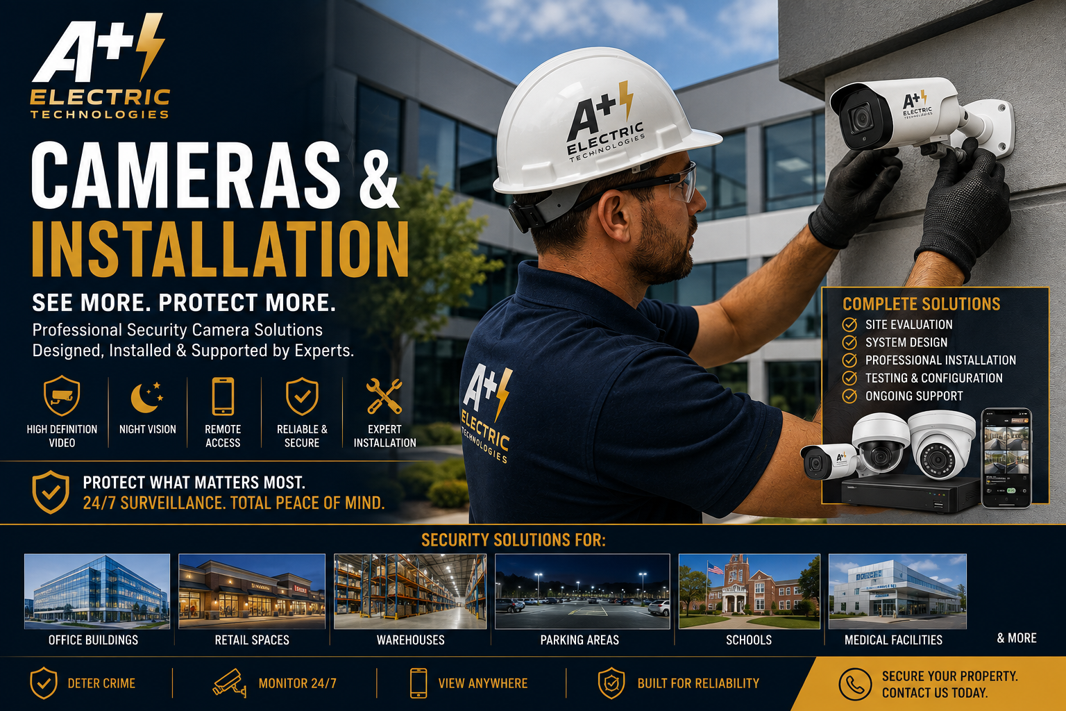 A man wearing a helmet and glasses installs a security camera on a building wall. The image is part of a promotional poster for A+ Electric Technologies, showcasing their camera and installation services for security solutions.