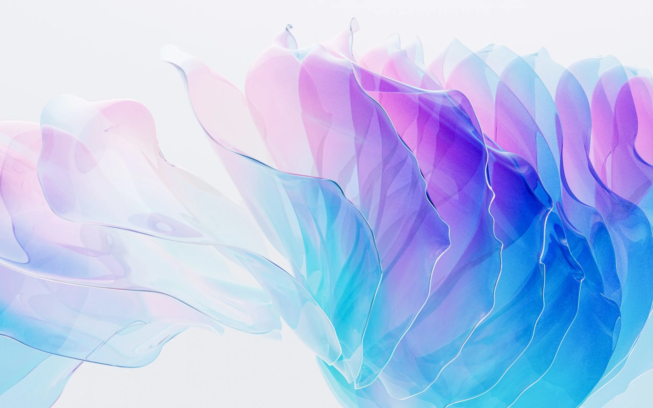 Abstract image of layered, semi-transparent leaves in shades of pink, purple, blue, and white.