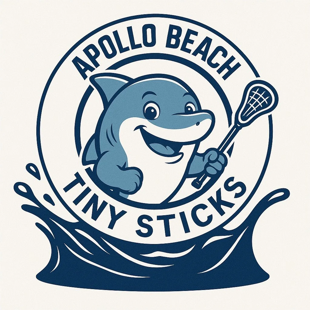 Logo for Apollo Beach Tiny Sticks featuring a cartoon shark holding a lacrosse stick, inside a circular design with water splashes, and text around the circle.