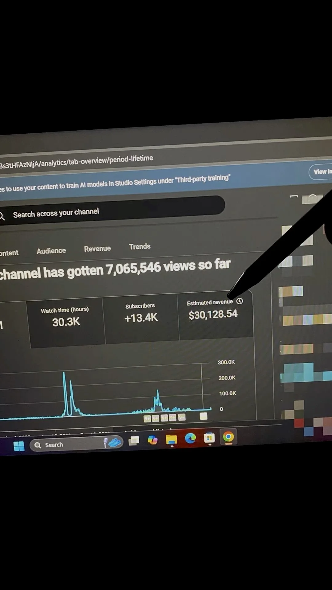 Computer screen displaying YouTube analytics with over 7 million views, showing watch time, subscribers, and estimated revenue.