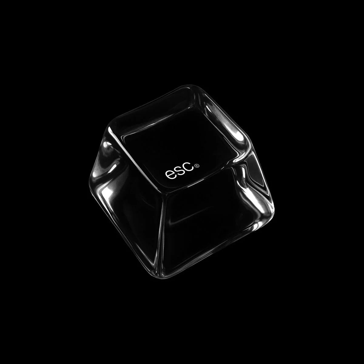 A transparent glass cube on a black background with the word "esc" written inside. meaning the future really futuristic designs that has to do with showcasing very inspirational due to the term of what it represent.