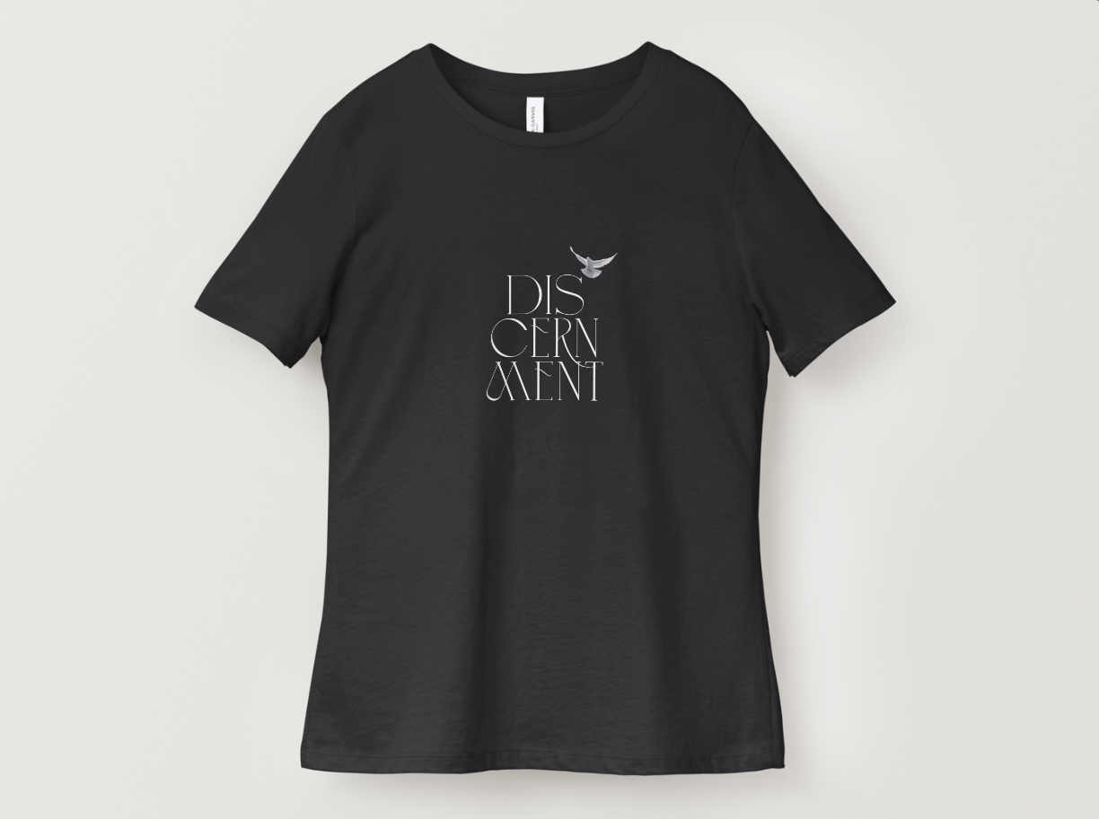 Black T-shirt with a design that spells out "DISCERNMENT" in white, stylized text with a small gray bird flying above the word.