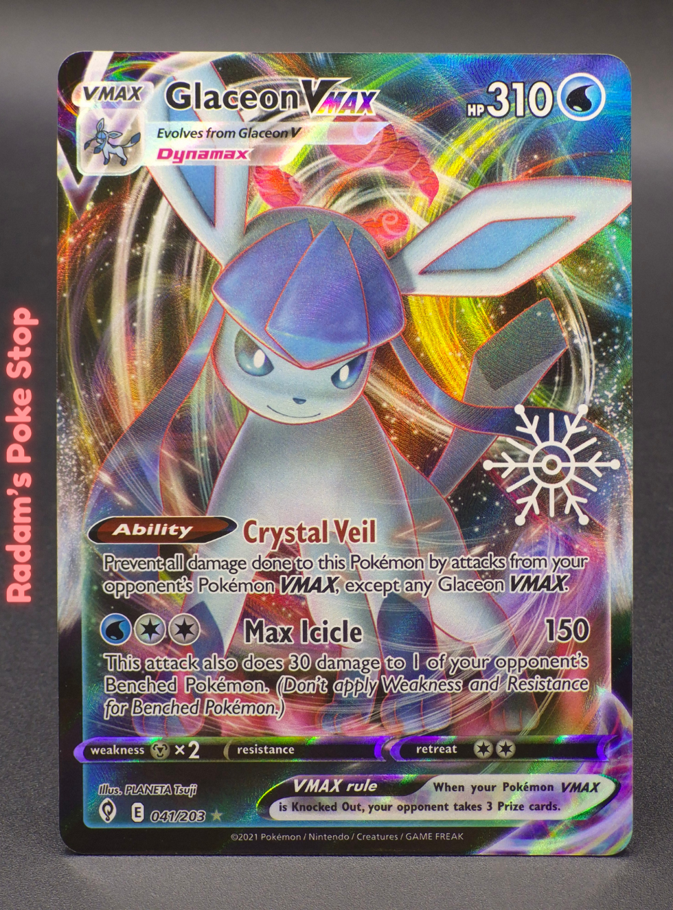 Stamped Glaceon Vmax 041/203, Evolving Skies, Holiday Calendar 2023. Ultra Rare presented by Pokémon TCG. 