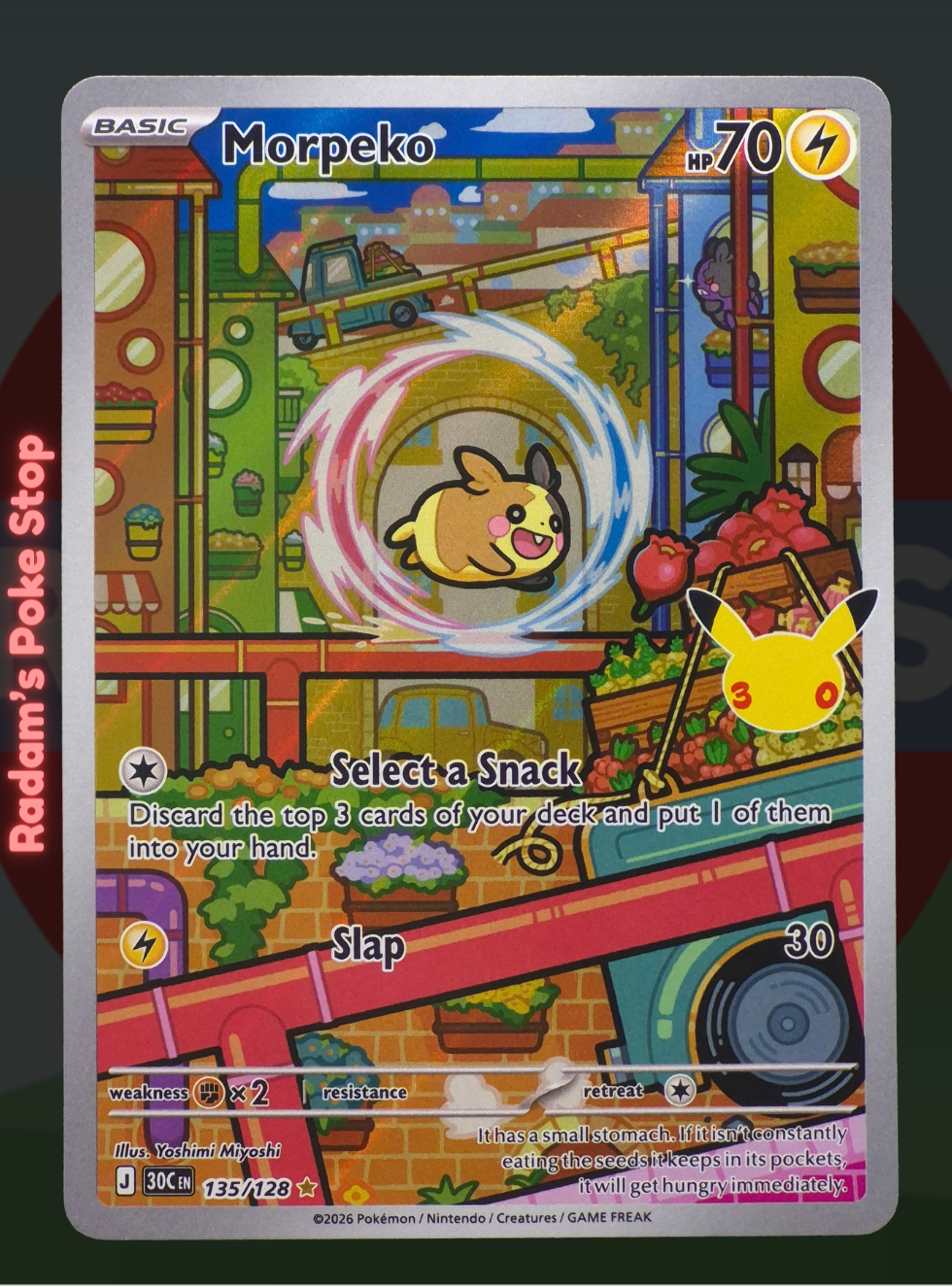 Morpeko 135/128, 30th Celebrations, Illustration rare presented by Pokémon TCG. 