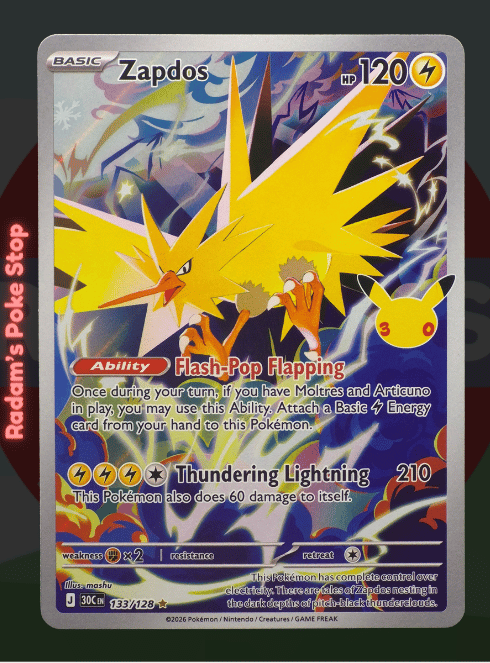 Zapdos 133/128, 30th Celebrations, Illustration rare presented by Pokémon TCG. 