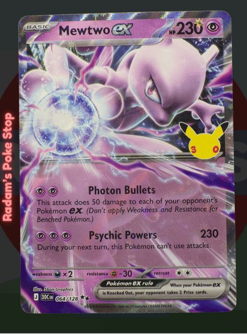 Mewtwo ex 064/128, 30th Celebrations, Double rare presented by Pokémon TCG. 