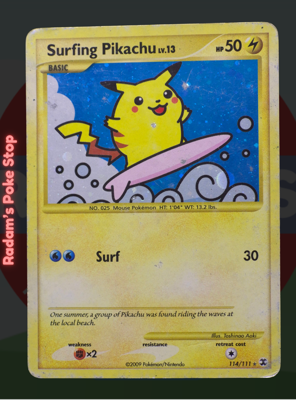 Surfing Pikachu 114/111 Holo, Platinum: Rivals Rising, from the Pokémon TCG