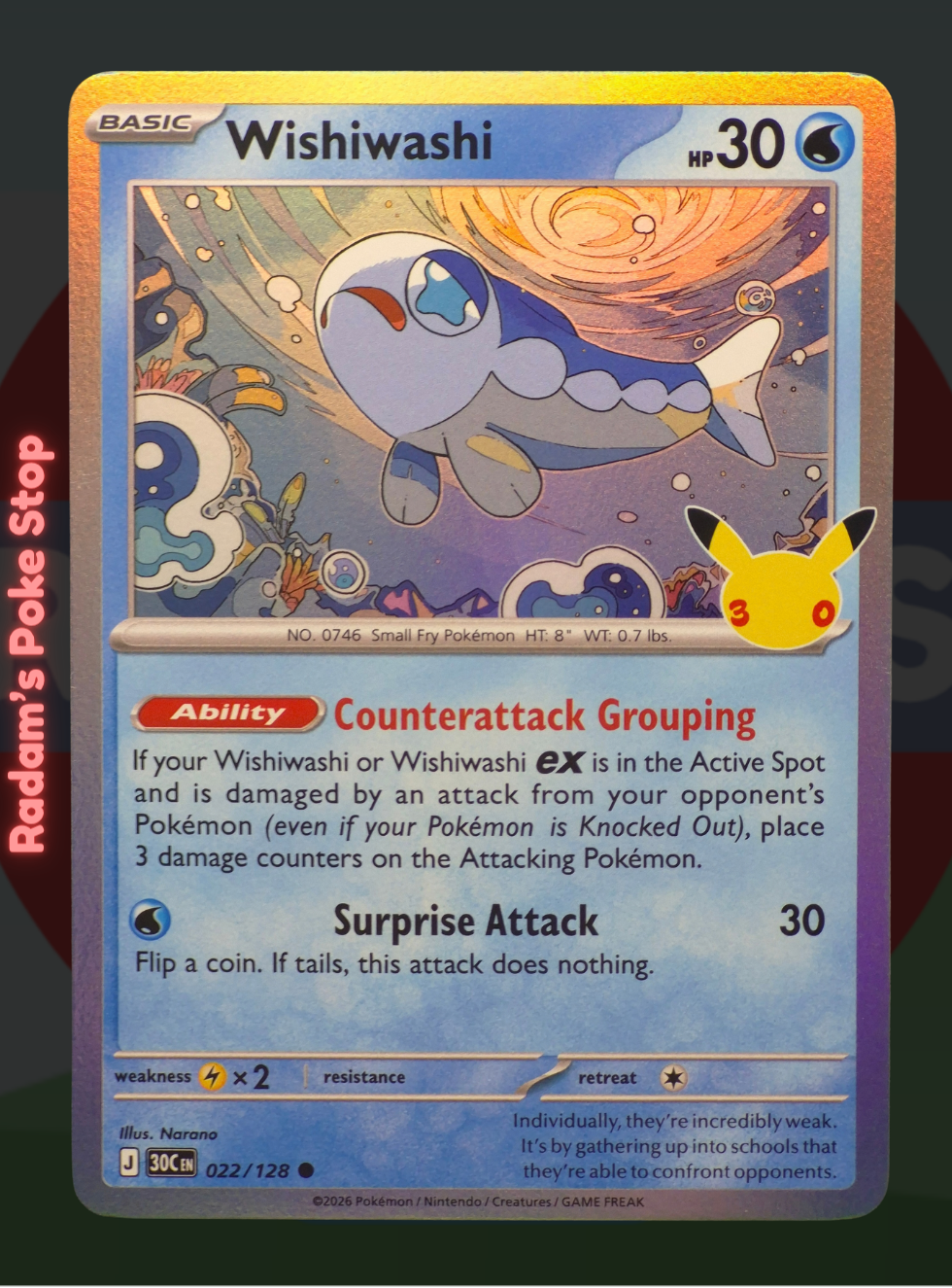 Wishiwashi 022/128, 30th Celebrations, Holo Common presented by Pokémon TCG. 