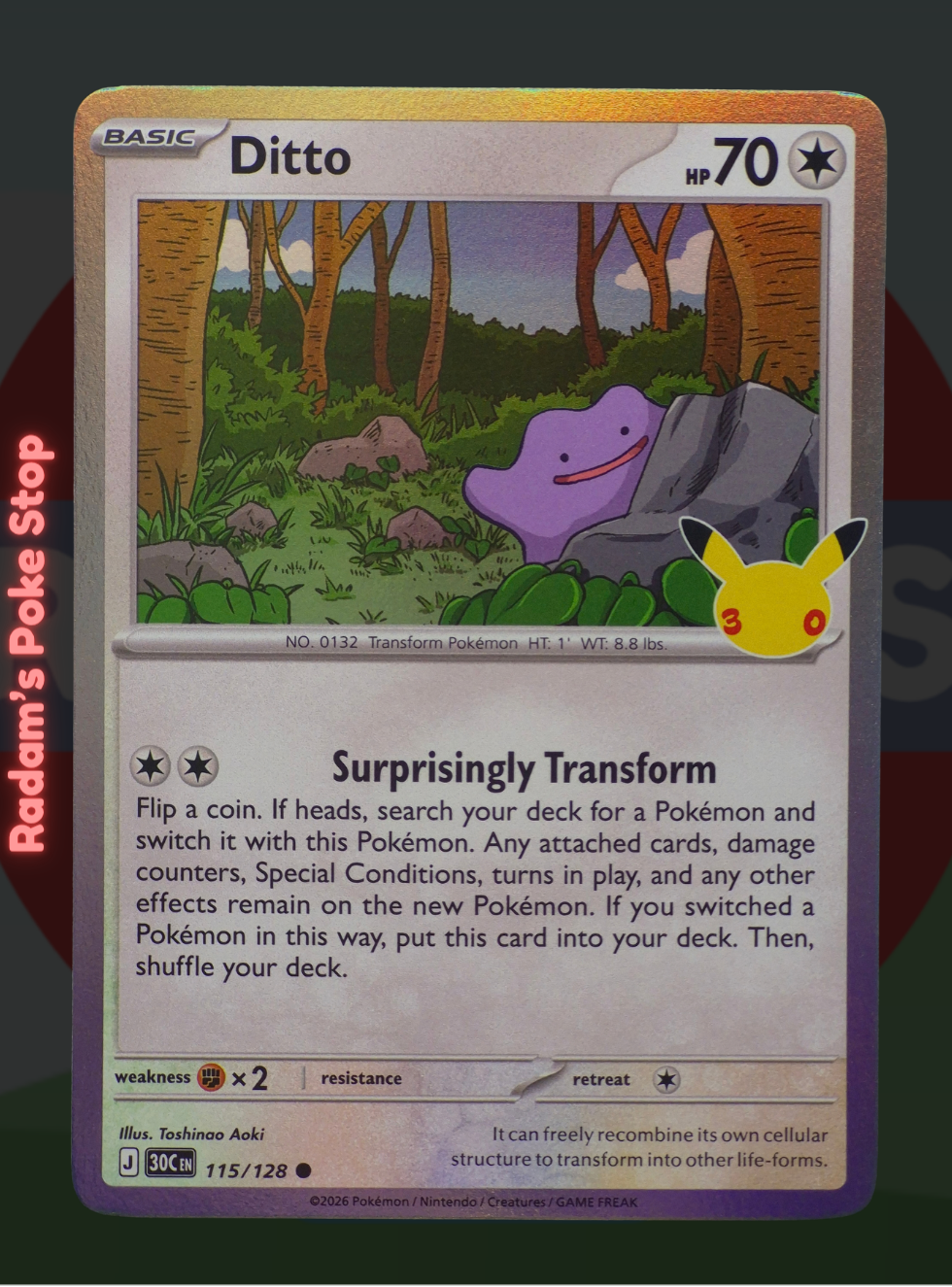 Ditto 115/128, 30th Celebrations, Holo Common presented by Pokémon TCG. 