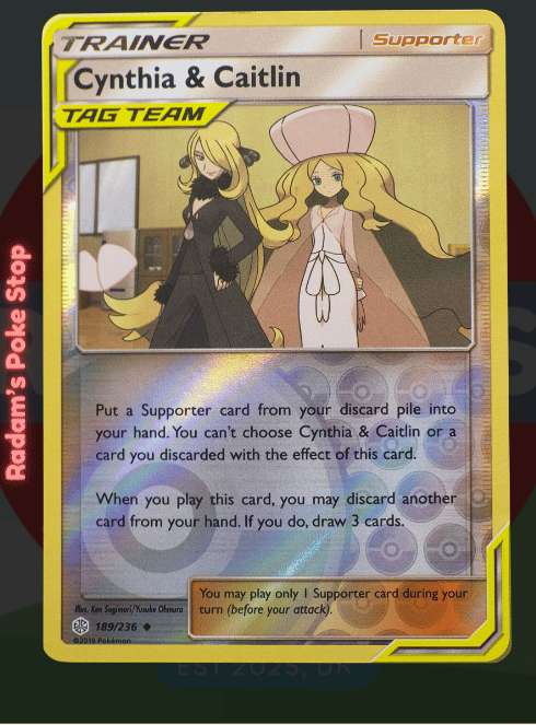 Cynthia & Caitlin 189/236 reverse holo, Cosmic Eclipse,  Uncommon trainer, presented by Pokémon TCG. 
