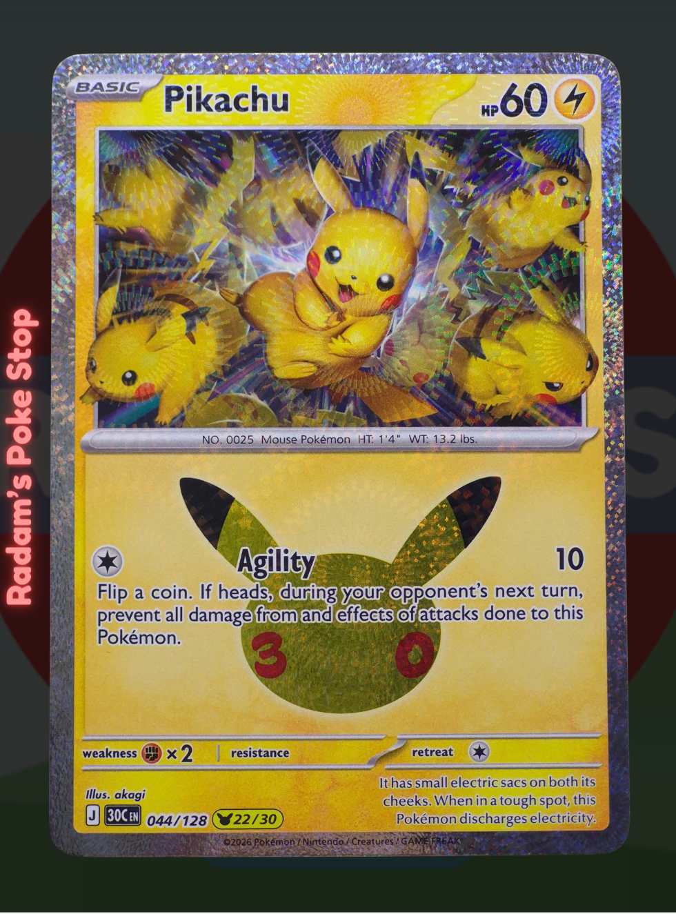 Pikachu 22/30 044/128, 30th Celebrations, Pikachu Rare Subset presented by Pokémon TCG. 